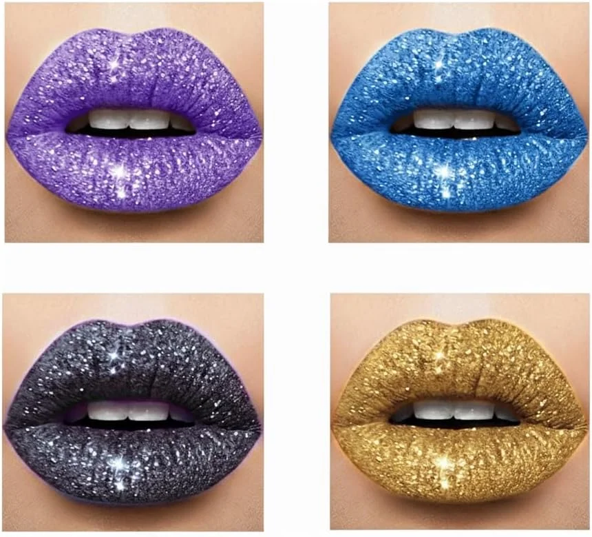 ست براق کننده لب 4 رنگ، براق کننده لب و رژ لب متالیک الماسی، ست آرایشی براق ضد آب و ماندگار برای هنر ناخن
