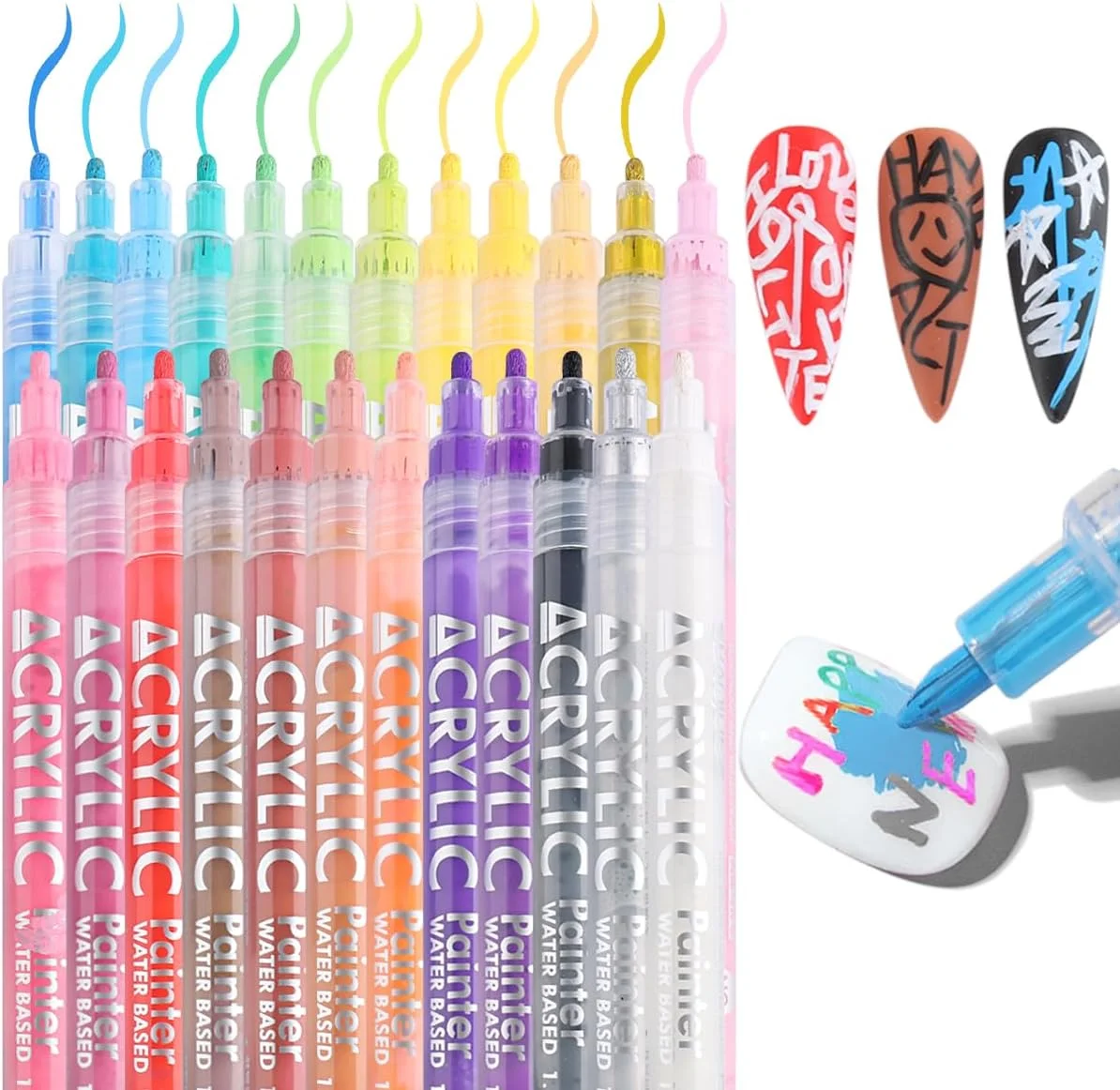 ست ۲۴ رنگ قلم طراحی ناخن، قلم های ماژیکی ضد آب لاک برای ناخن های ژلی، قلم نقاشی ناخن با نوک ظریف، نوک فرانسوی، نقطه گذاری، قلم های برس خطی، کیت حرفه ای تزئین ناخن