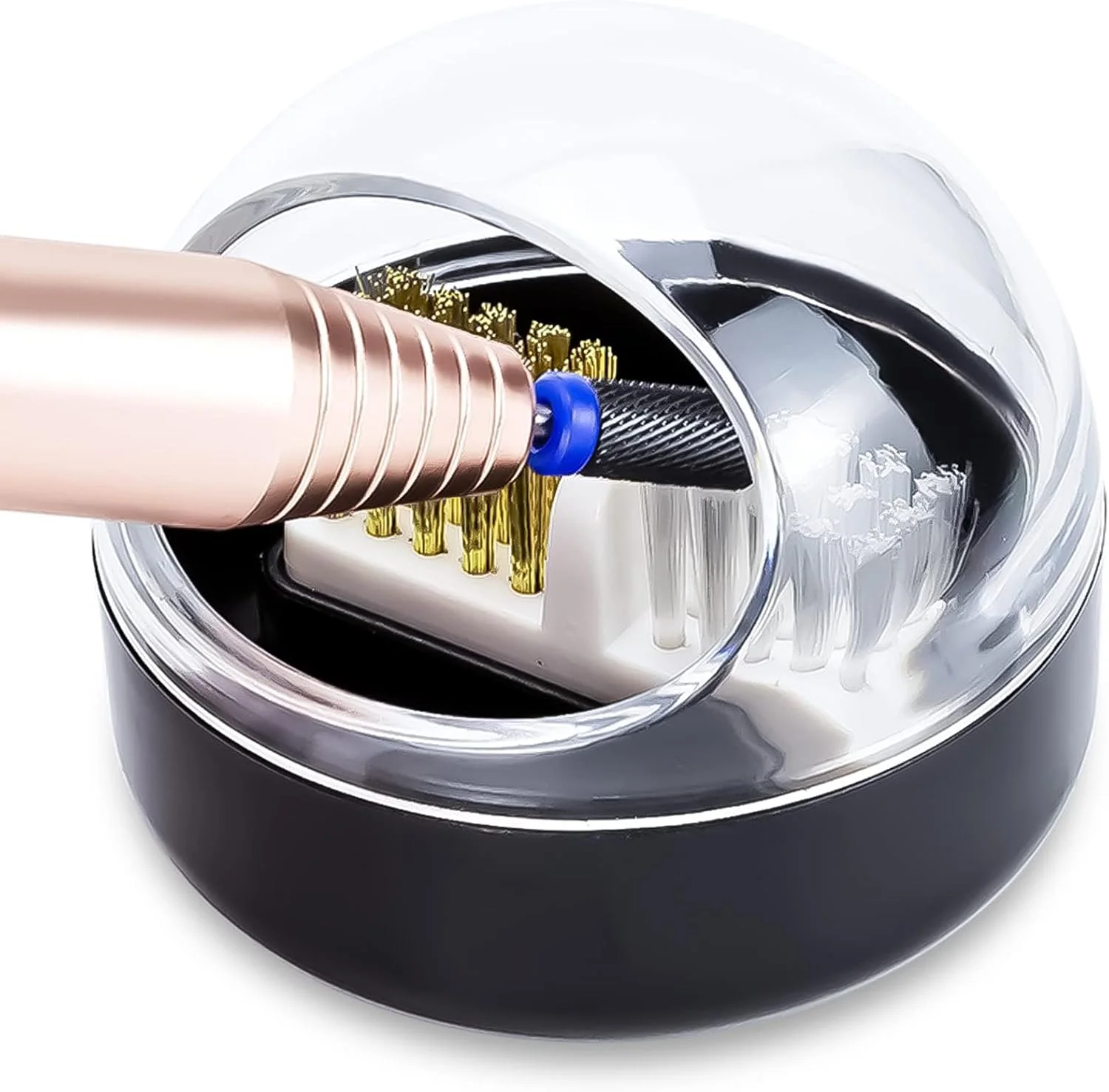 ابزار تمیز کننده سر سوهان ناخن، مناسب برای سر سوهان های کاربید/سر سوهان های سرامیکی، با برس سیمی فولادی و نایلونی، محفظه تمیز کننده، پوشش محافظ شفاف، مشکی