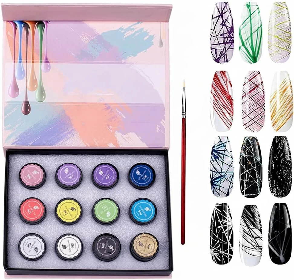 ژل عنکبوتی طراحی ناخن در 12 رنگ به همراه قلم طراحی، ژل طراحی ناخن UV LED، ژل طراحی خطی، مناسب برای طراحی ناخن در خانه و سالن