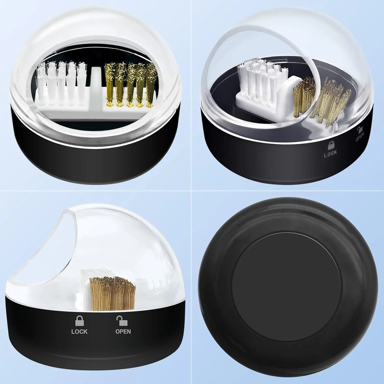 ابزار تمیز کننده سر سوهان ناخن، مناسب برای سر سوهان های کاربید/سر سوهان های سرامیکی، با برس سیمی فولادی و نایلونی، محفظه تمیز کننده، پوشش محافظ شفاف، مشکی