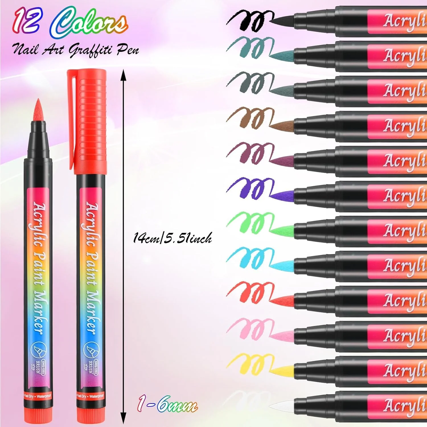 ست ۱۲ رنگ قلم طراحی ناخن، قلم لاک ضد آب، ماژیک نقاشی، ابزار نقطه گذاری ناخن گرافیتی، قلم نقاشی سریع خشک شونده با نوک نرم، قلم های رنگ اکریلیک برای طراحی ناخن