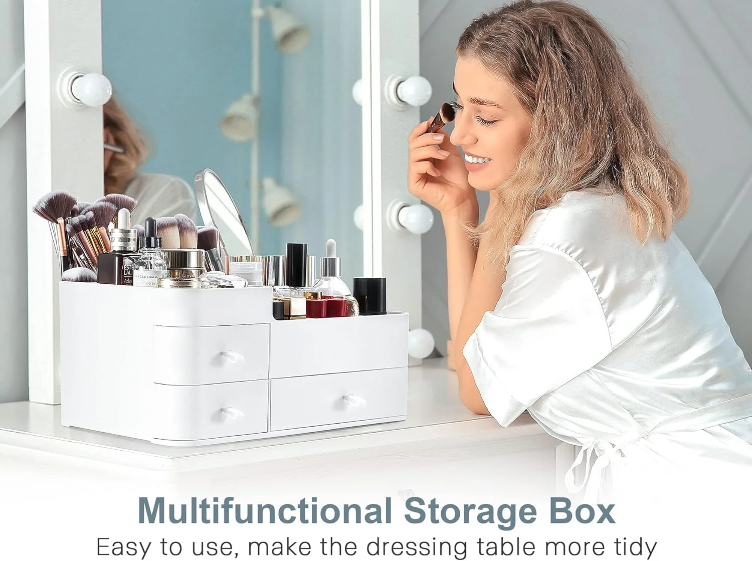 ارگانایزر لوازم آرایش با کشو، ارگانایزر رومیزی با ظرفیت بزرگ برای میز آرایش، حمام و اتاق خواب، مناسب برای نگهداری لوازم آرایشی، برس ها، سایه چشم، لوسیون، رژ لب و لاک ناخن