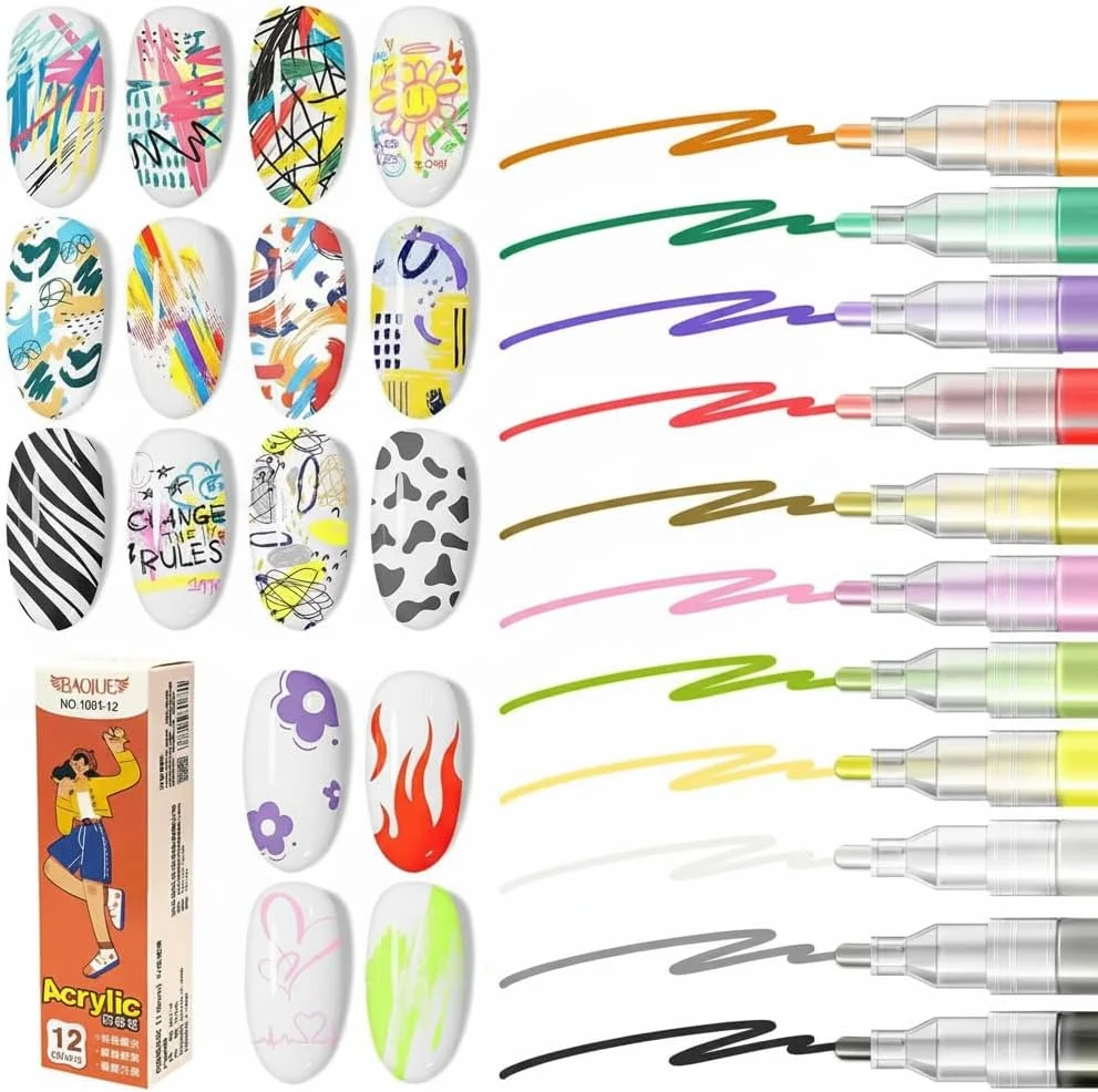 مجموعه ۱۲ رنگی قلم طراحی ناخن، ماژیک رنگ اکریلیک خشک شونده سریع برای طراحی ناخن DIY، قلم های گرافیتی نوک ظریف برای استفاده خانگی