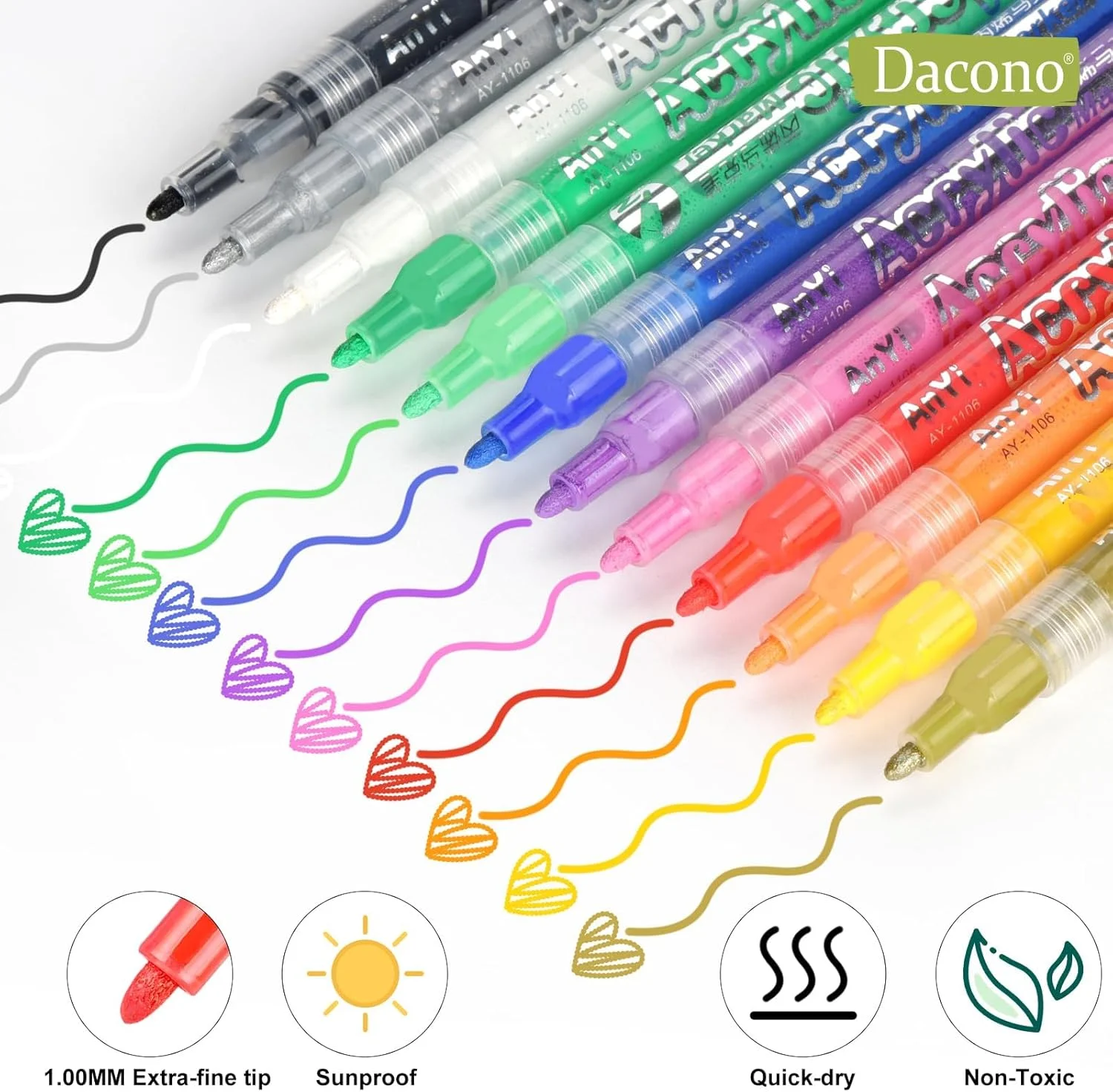 مجموعه ۱۲ رنگی قلم طراحی ناخن، ماژیک رنگ اکریلیک خشک شونده سریع برای طراحی ناخن DIY، قلم های گرافیتی نوک ظریف برای استفاده خانگی