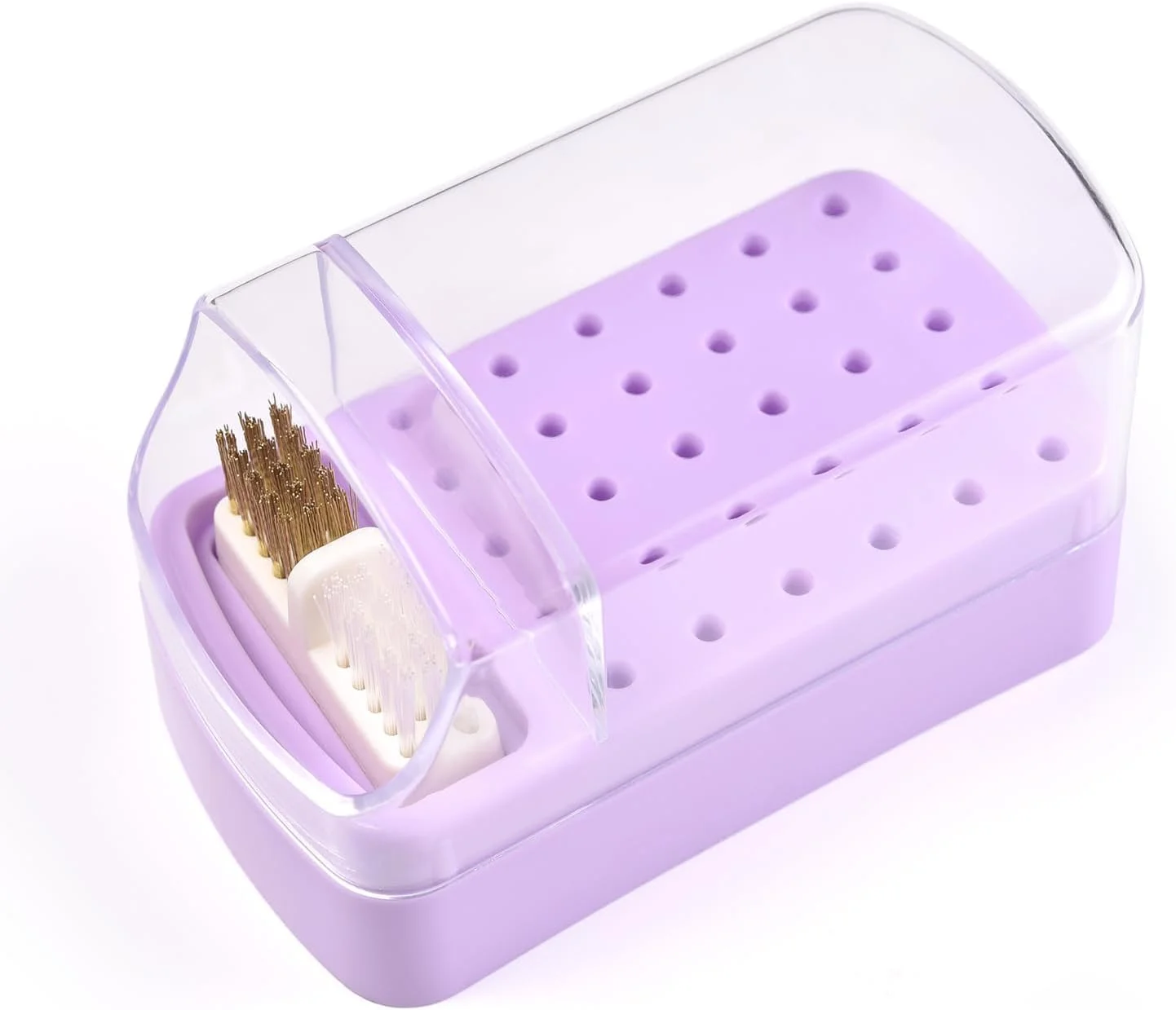 جا ابزاری و برس تمیز کننده سر سوهان ناخن 2 در 1، جعبه نگهدارنده ضد گرد و غبار 30 سوراخه برای ابزار مانیکور، محفظه اکریلیک بنفش با برس های تمیز کننده