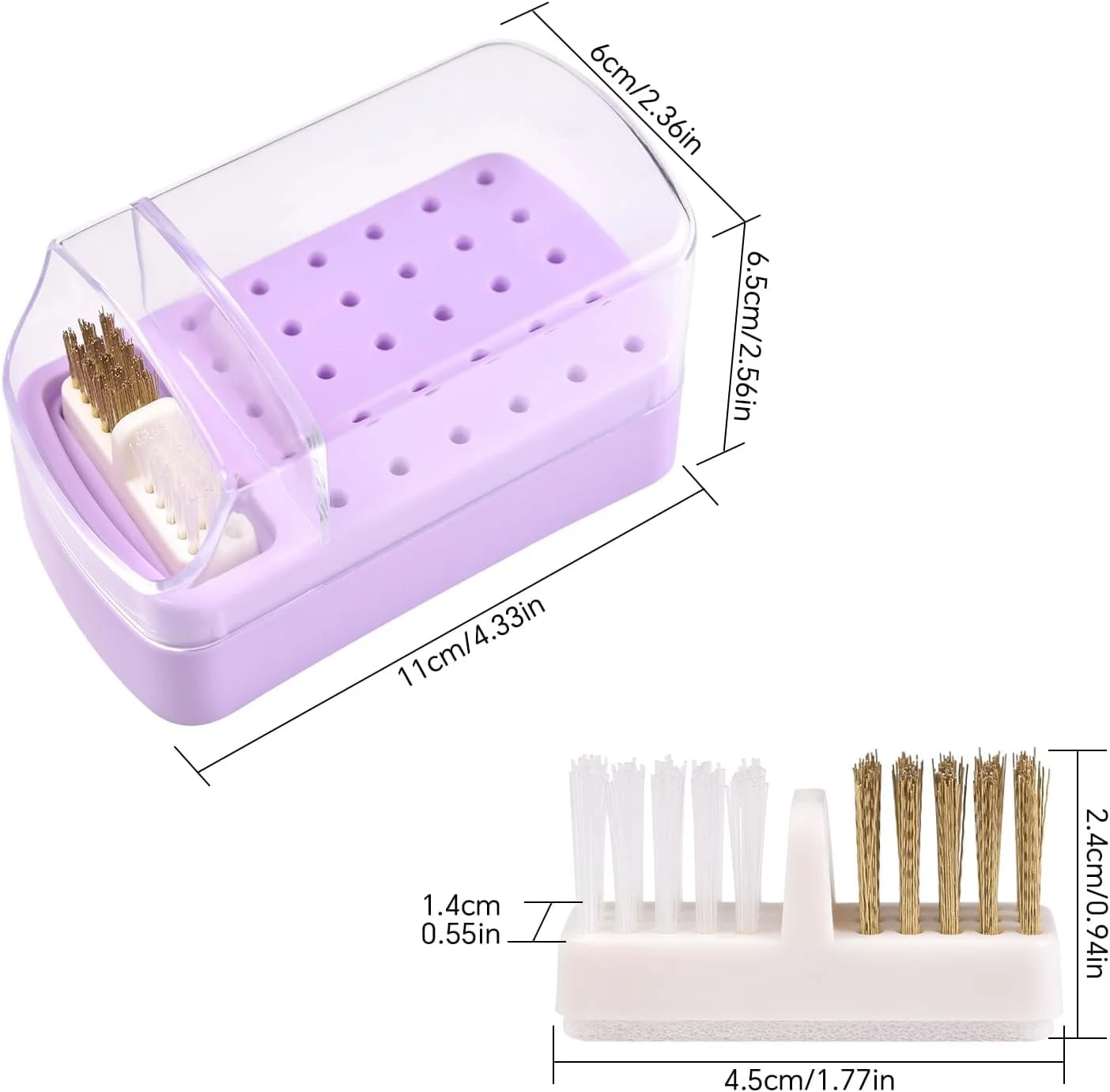 جا ابزاری و برس تمیز کننده سر سوهان ناخن 2 در 1، جعبه نگهدارنده ضد گرد و غبار 30 سوراخه برای ابزار مانیکور، محفظه اکریلیک بنفش با برس های تمیز کننده