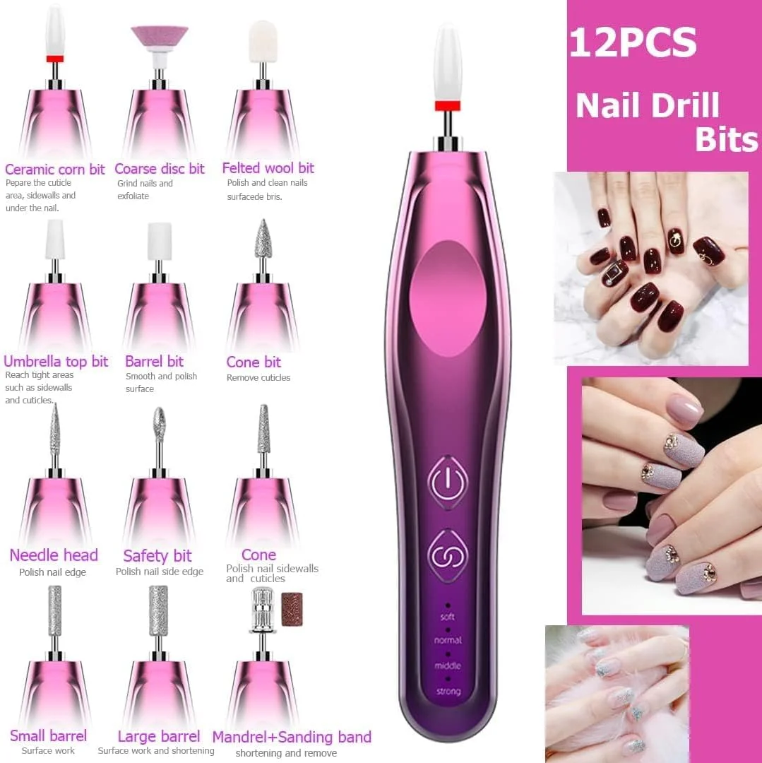 ست دریل ناخن برقی شارژی حرفه ای برای ناخن های اکریلیک، ست دستگاه دریل ناخن قابل حمل برای مانیکور پدیکور، سبک و قابل شارژ، ست سوهان برقی با سر دریل ناخن، نوارهای سمباده و برس گرد و غبار