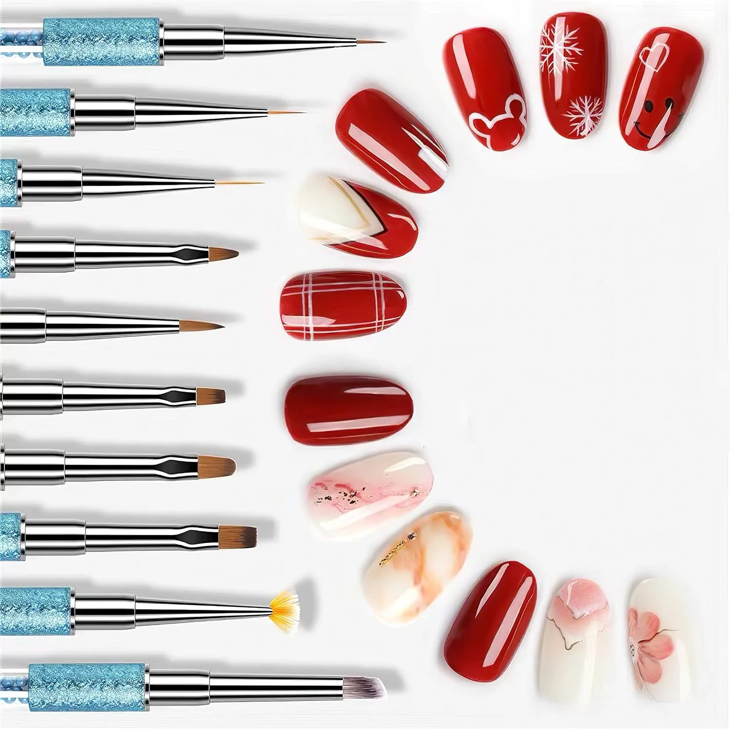 ست 10 عددی قلم موی طراحی ناخن آکریلیک KASTWAVE با موی سمور Kolinsky به همراه درپوش، قلم موی ساخت ناخن و ست قلم موی طراحی ناخن.