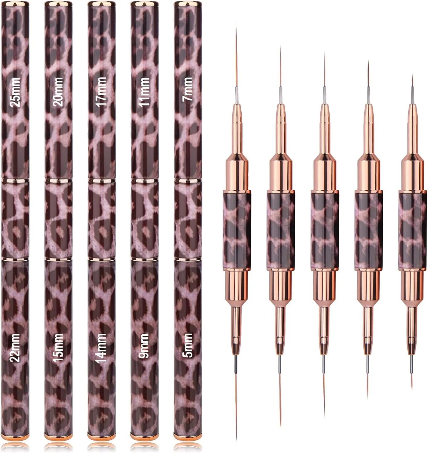 ست 5 عددی قلم موی طراحی ناخن دو طرفه - قلم های باریک کننده با دقت بالا برای طراحی های بی نقص ناخن، شامل اندازه های 5-25 میلی متر