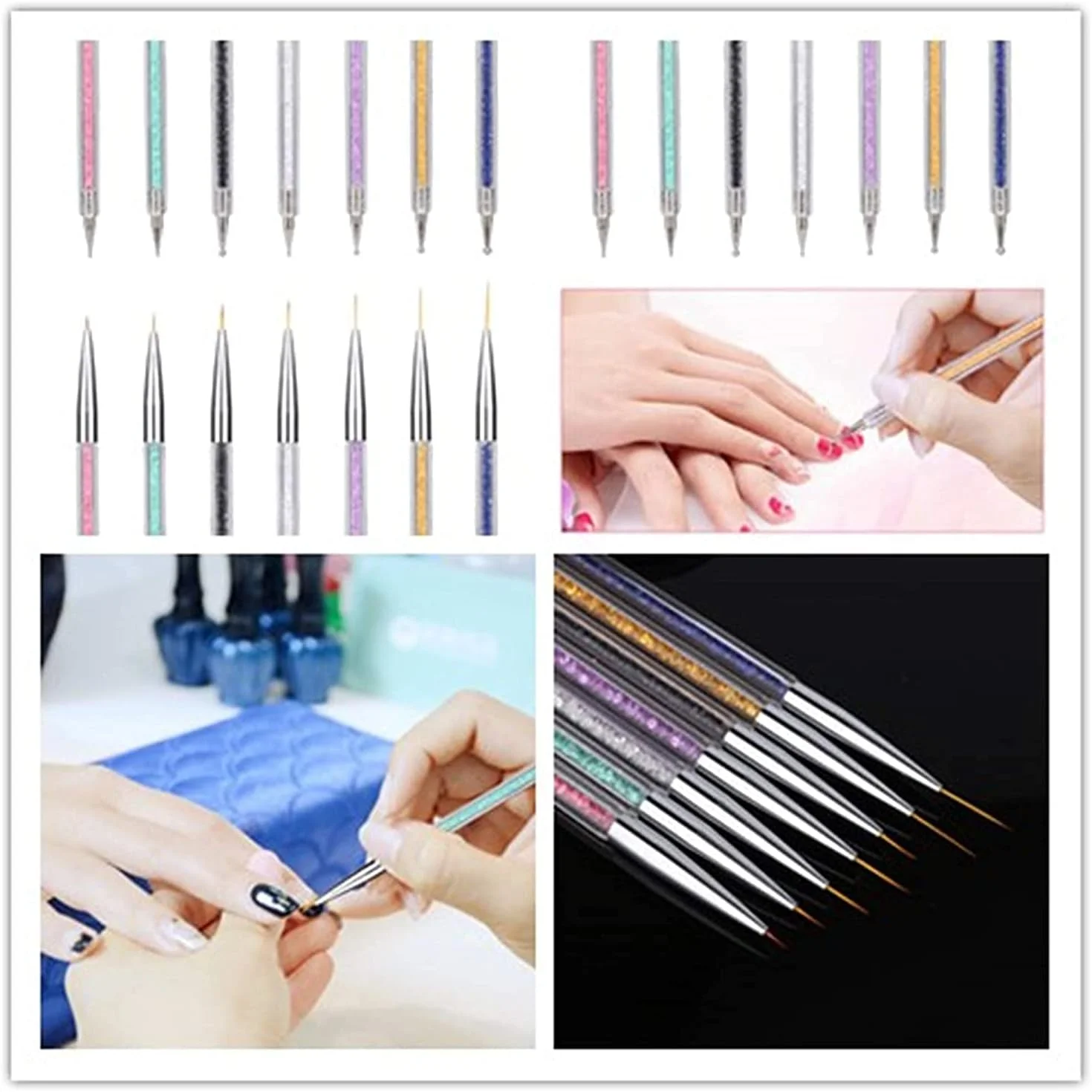 ست ۷ عددی قلم طراحی ناخن، قلم طراحی نقطه ای دو طرفه، ست ابزار نقطه گذاری، قلم طراحی ناخن دو طرفه شامل قلم های لاینر و قلم نقطه گذاری با اندازه های ۵/۷/۹/۱۱/۱۴/۱۶/۲۰ میلی متر