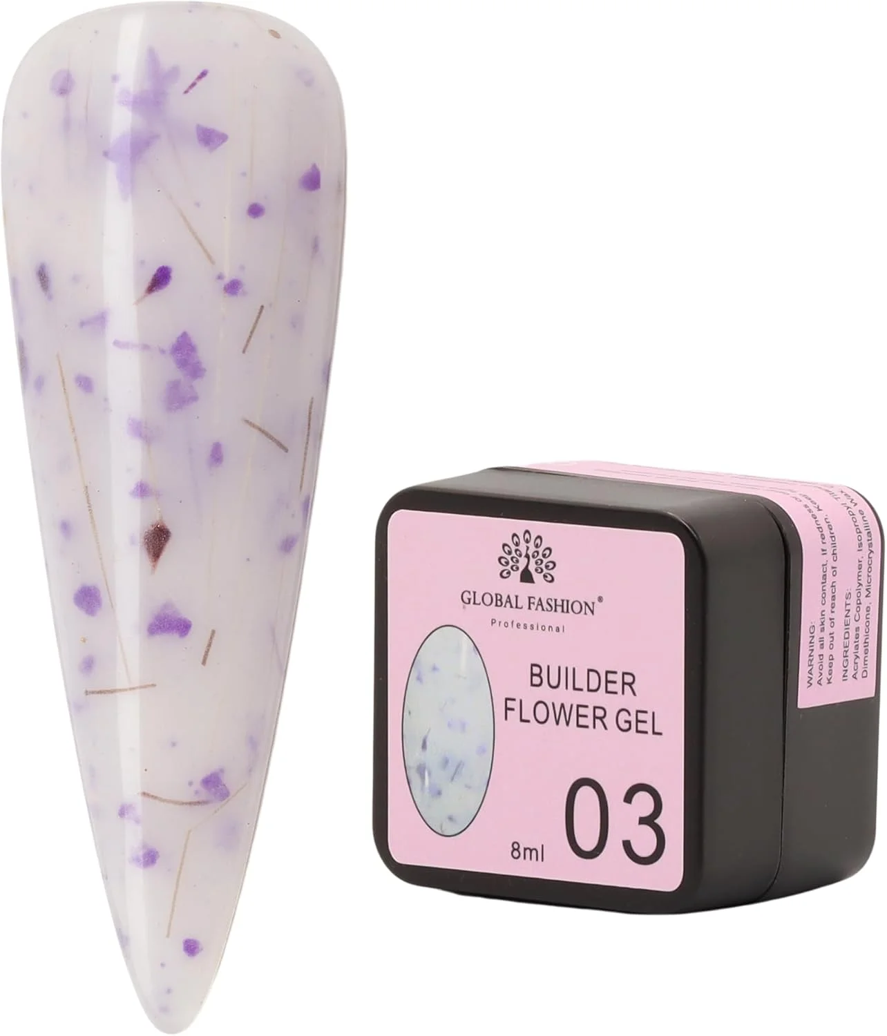 ژل بیلدر گل 8 میلی لیتر - دارای گلبرگ های خشک شده طبیعی، ژل بیلدر سخت خود تراز شونده برای ناخن، چسبندگی قوی، بدون زرد شدن، پخت UV/LED، پوشش براق، فرمولاسیون بدون HEMA، وگان و بدون تست حیوانی (03)