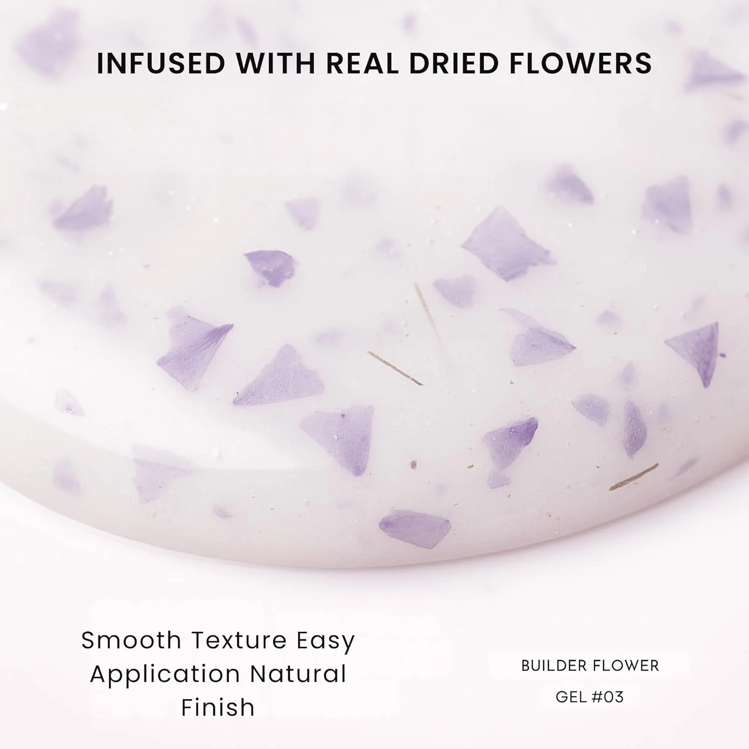 ژل بیلدر گل 8 میلی لیتر - دارای گلبرگ های خشک شده طبیعی، ژل بیلدر سخت خود تراز شونده برای ناخن، چسبندگی قوی، بدون زرد شدن، پخت UV/LED، پوشش براق، فرمولاسیون بدون HEMA، وگان و بدون تست حیوانی (03)
