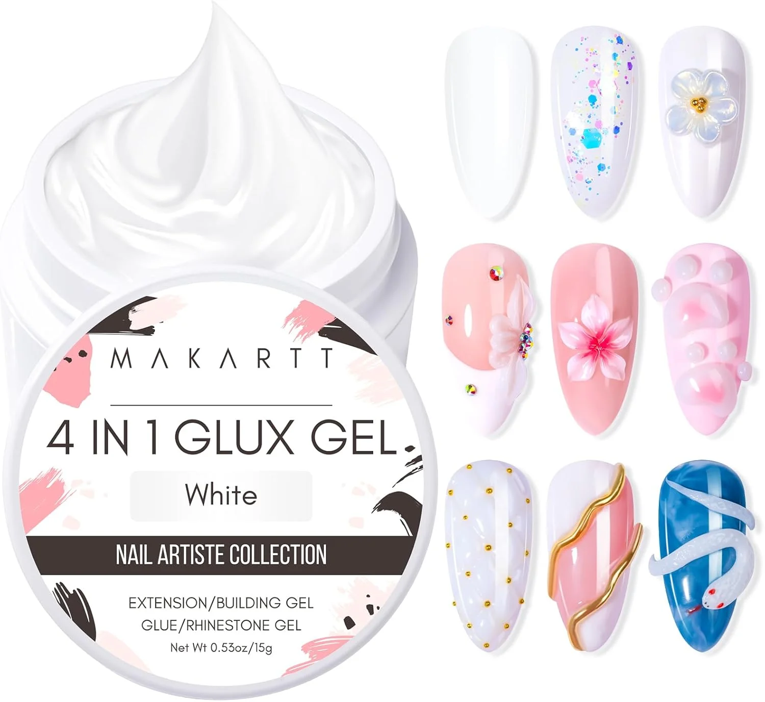 ژل کاشت ناخن جامد Makartt، 15 میلی لیتر، 4 در 1، سفید، غیر چسبنده برای اکستنشن، طراحی سه بعدی ناخن، چسب UV برای تیپ های اکریلیک، سنگ های تزئینی و ژل های سخت مجسمه سازی ناخن، نیاز به لامپ UV/LED