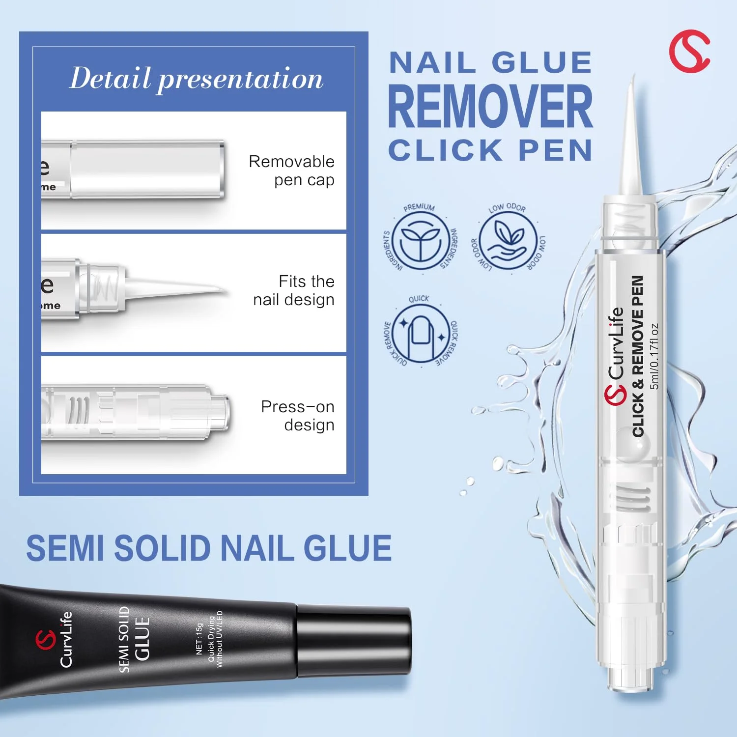 CurvLife - چسب ژل نیمه جامد 15 گرمی ناخن CurvLife به همراه پاک کننده چسب ناخن 5 میلی لیتری 3 در 1 بدون نیاز به نور UV CurvLife - چسب ژل نیمه جامد 15 گرمی ناخن CurvLife به همراه پاک کننده چسب ناخن 5 میلی لیتری 3 در 1 بدون نیاز به نور UV