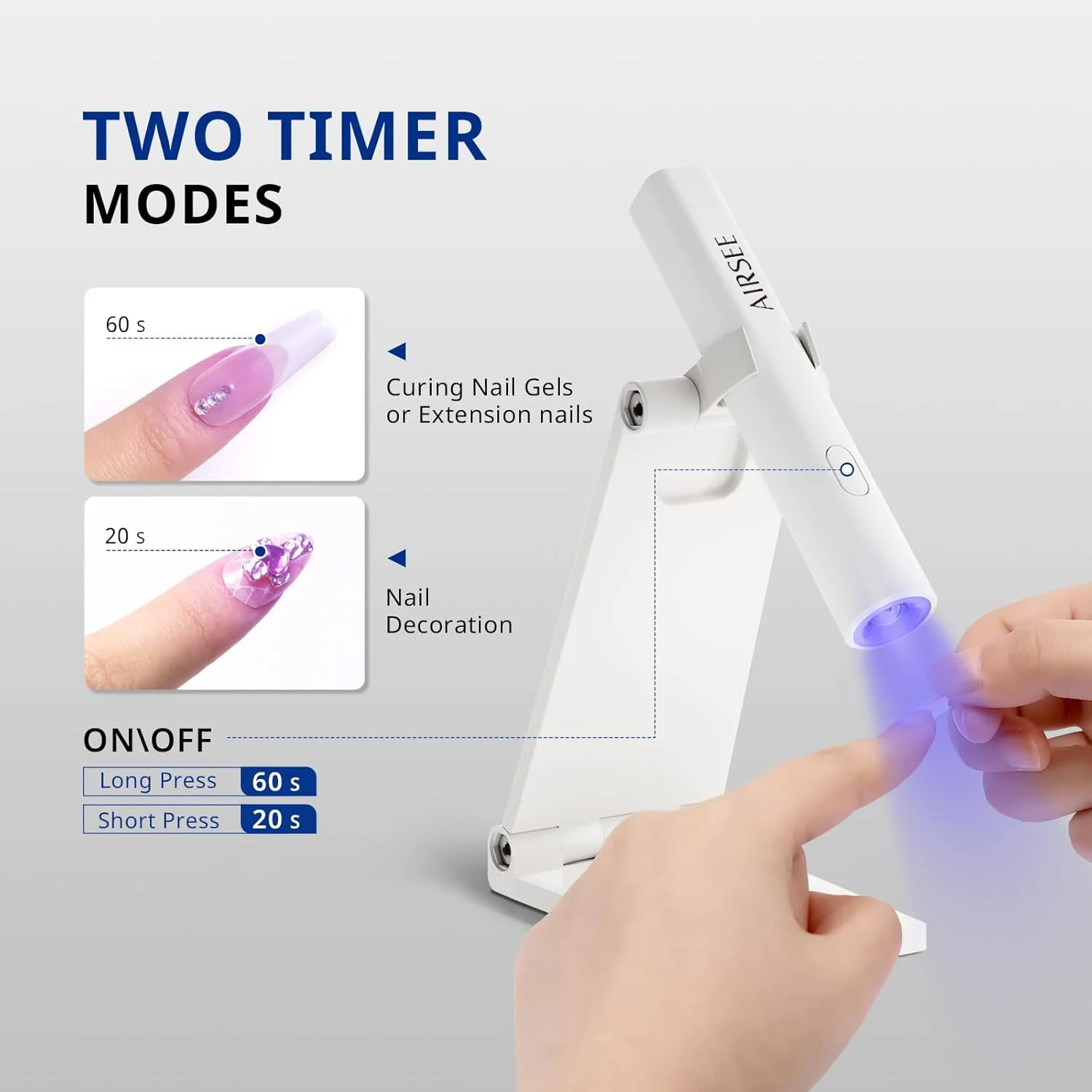چراغ UV کوچک قابل حمل AIRSEE برای ناخن های ژلی با پایه، لامپ های ناخن قابل شارژ قابل حمل، 2 تایمر برای اکستنشن سریع، چسب تزئینی نگین، نوارهای ناخن ژلی در خانه، مسافرت (سفید)