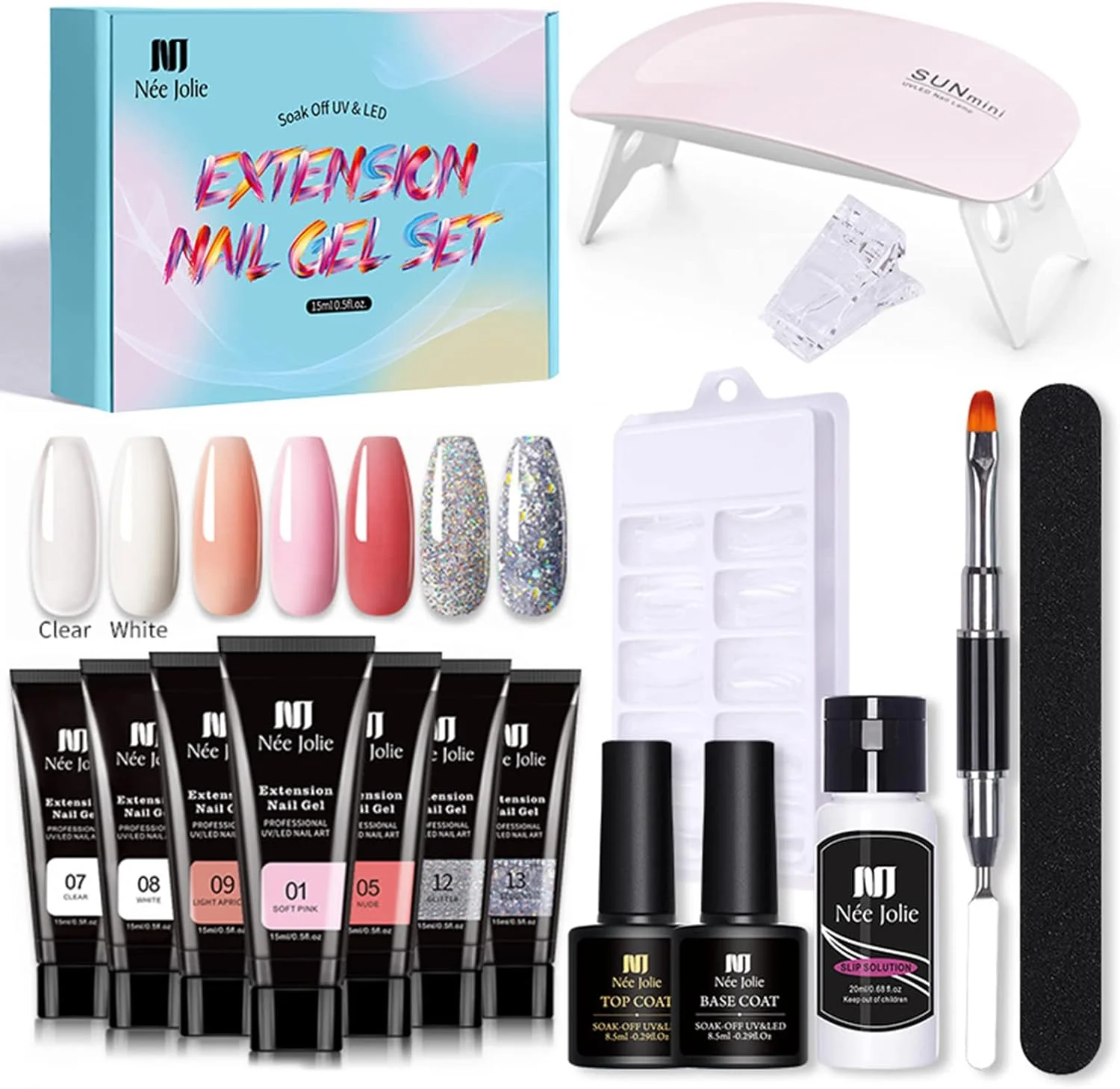 ست چسب کاشت ناخن ایرووامی، ژل تقویت ناخن، ژل کاشت ناخن، لاک پایه، لاک رویی، همراه با برس ناخن، سوهان ناخن، گیره ناخن و ابزار مانیکور