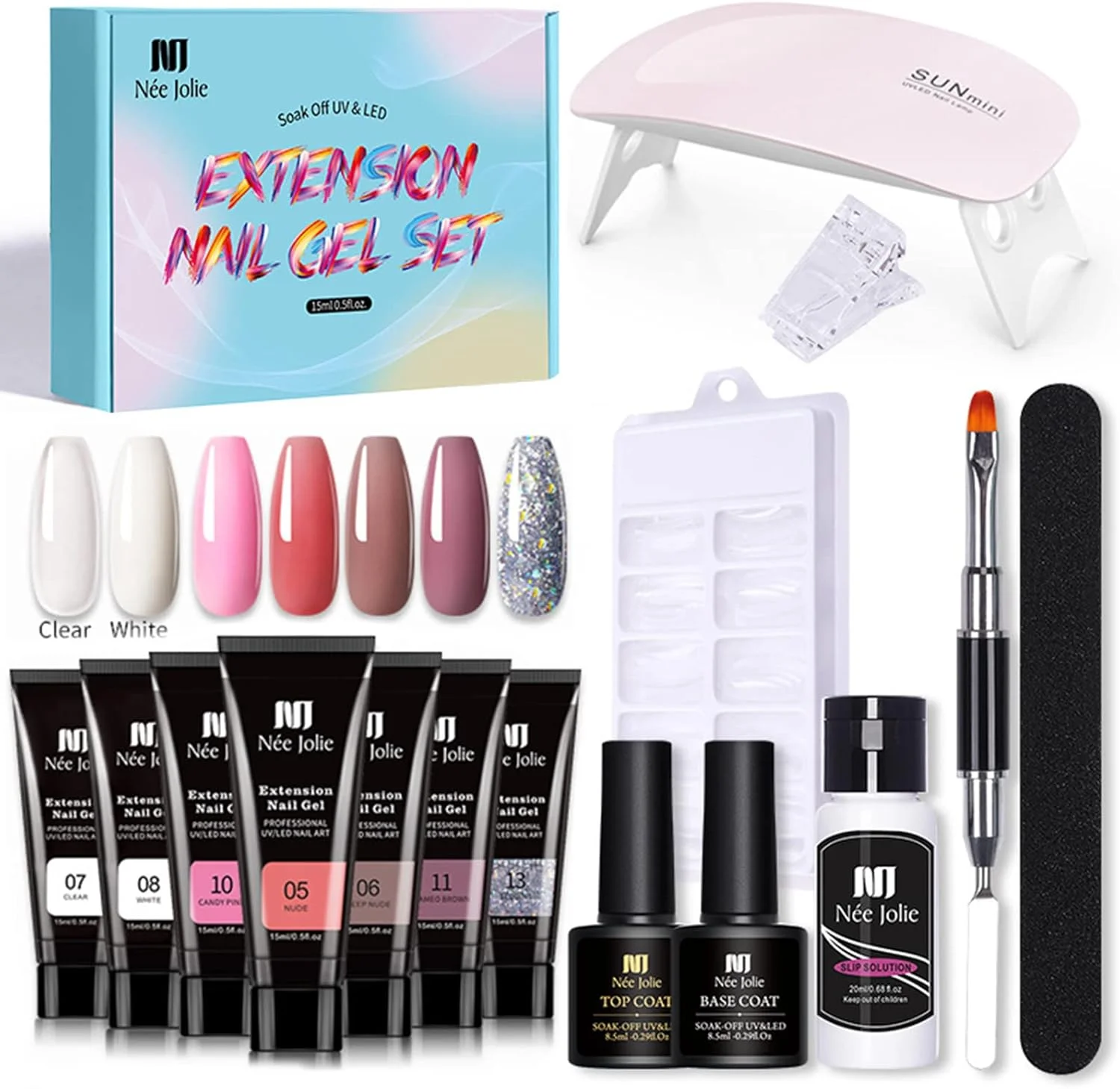 چسب اکستنشن ناخن، ست ژل اکستنشن ناخن Irovami، ژل تقویت کننده ناخن، لامپ ناخن UV/LED، خشک کن ناخن، بیس کت، تاپ کت با برس ناخن، سوهان ناخن، گیره ناخن، ابزار مانیکور