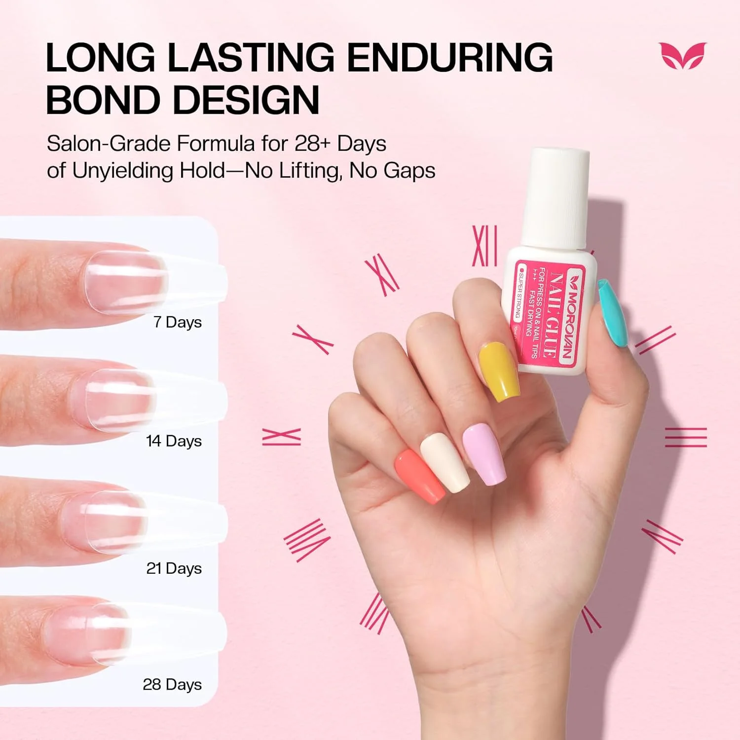 چسب ناخن فوق العاده قوی مورووان: چسب ناخن برای ناخن های مصنوعی و تیپ های ناخن اکریلیک، ماندگاری طولانی، خشک شدن سریع، بدون نیاز به نور یو وی، مناسب برای مبتدیان، استفاده در منزل یا سالن