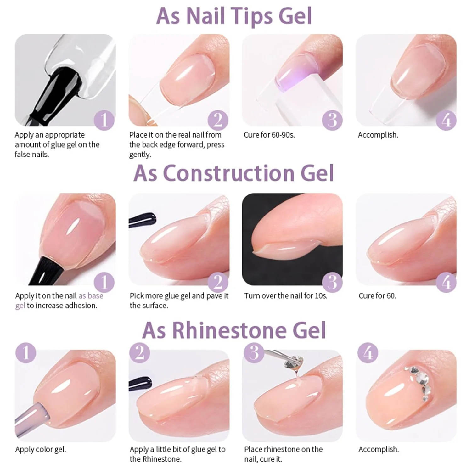 چسب کاشت ناخن ژلی، 4 در 1، ماندگاری طولانی، چسب ژل یو وی | مناسب برای خانم ها، دختران نوجوان، مبتدیان، استفاده در منزل، سالن، مهمانی، تمرین مانیکور، تزئین