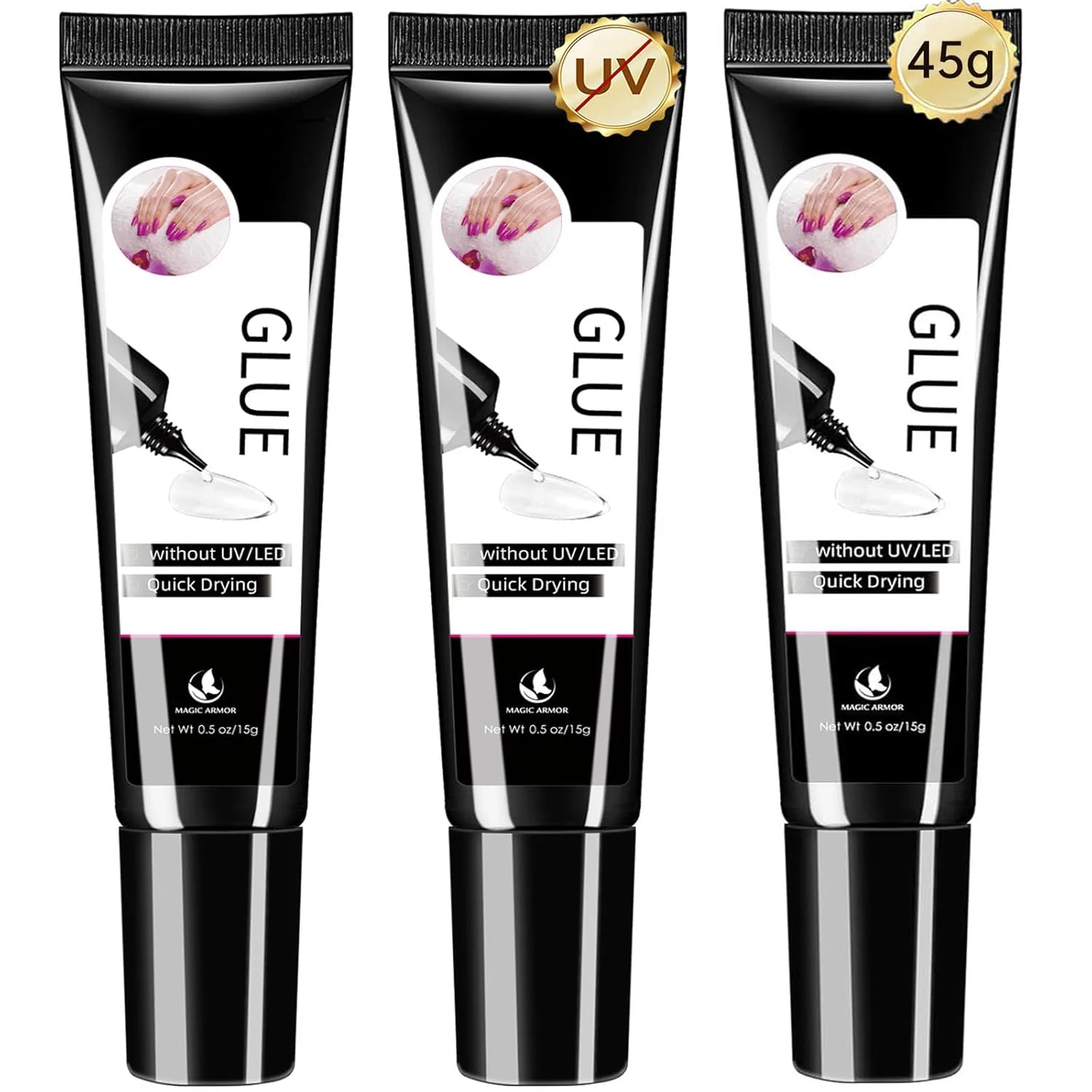 چسب کاشت ناخن جامد MAGIC ARMOR، 3 عددی، بدون نیاز به لامپ UV، فوق العاده قوی، خشک شدن سریع، نیمه جامد، ماندگاری طولانی، شفاف (15 گرم x 3)