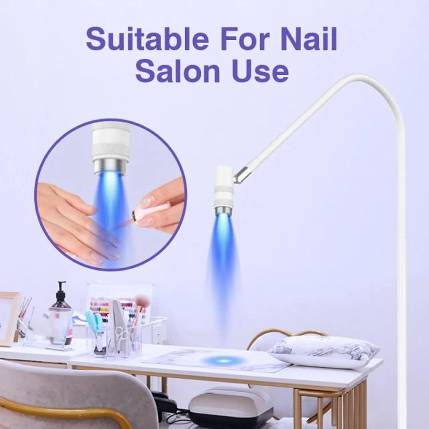 چراغ UV برای اکستنشن مژه، چراغ زمینی خمیده UV 6 واتی برای خشک کردن چسب ناخن، چراغ مژه LED با قابلیت تنظیم نور و زوم با پدال پایی، چراغ فرابنفش LED برای ناخن و مژه