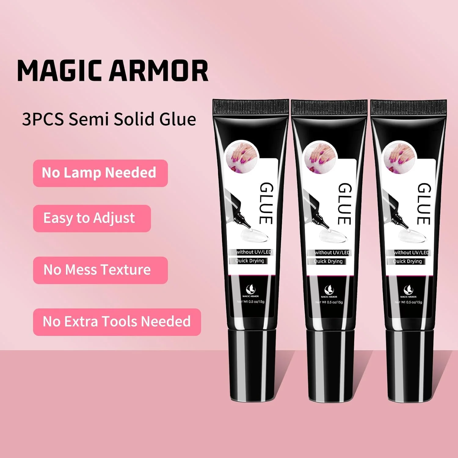 چسب کاشت ناخن جامد MAGIC ARMOR، 3 عددی، بدون نیاز به لامپ UV، فوق العاده قوی، خشک شدن سریع، نیمه جامد، ماندگاری طولانی، شفاف (15 گرم x 3) چسب کاشت ناخن جامد MAGIC ARMOR، 3 عددی، بدون نیاز به لامپ UV، فوق العاده قوی، خشک شدن سریع، نیمه جامد، ماندگاری طولانی، شفاف (15 گرم x 3)