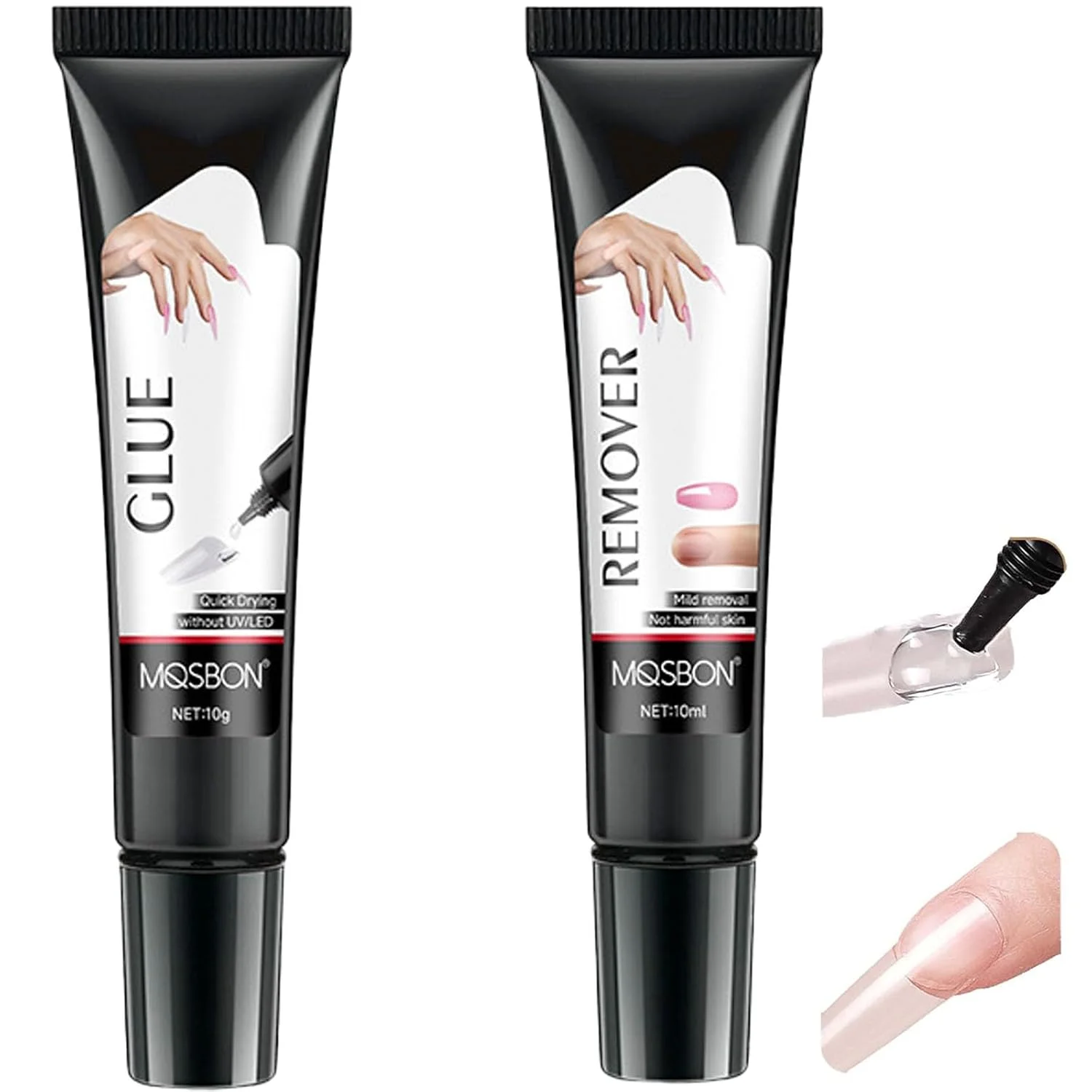 چسب ناخن، چسب ناخن نیمه جامد 10 گرمی با خشک شدن سریع به همراه ریموور 10 میلی لیتری، بدون نیاز به لامپ UV، چسبندگی قوی و ماندگاری بالا، حذف آسان، مناسب برای ناخن های مصنوعی
