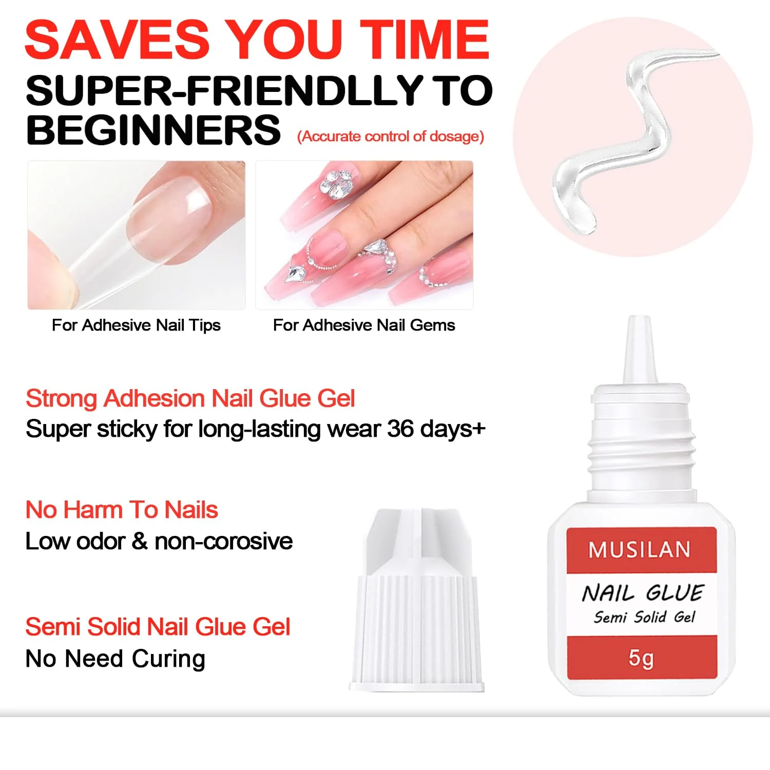 چسب ناخن نیمه جامد 4 عددی برای ناخن های مصنوعی، چسب ناخن فوق العاده قوی و سریع خشک شونده برای ناخن های اکریلیک و تیپ های مصنوعی، ژل ناخن حرفه ای برای چسباندن ناخن های شکسته، بدون نیاز به لامپ UV - ماندگاری طولانی