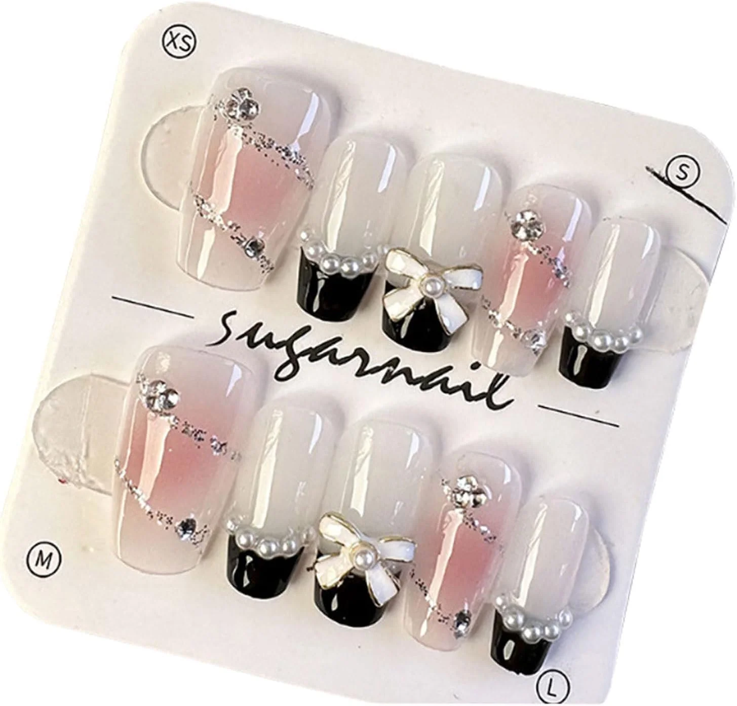 ناخن مصنوعی مربعی بلند، ناخن مصنوعی تابوتی نوک فرانسوی رنگ برهنه، پوشش کامل براق چسبی برای تزئینات مانیکور دخترانه و زنانه، مشکی، L