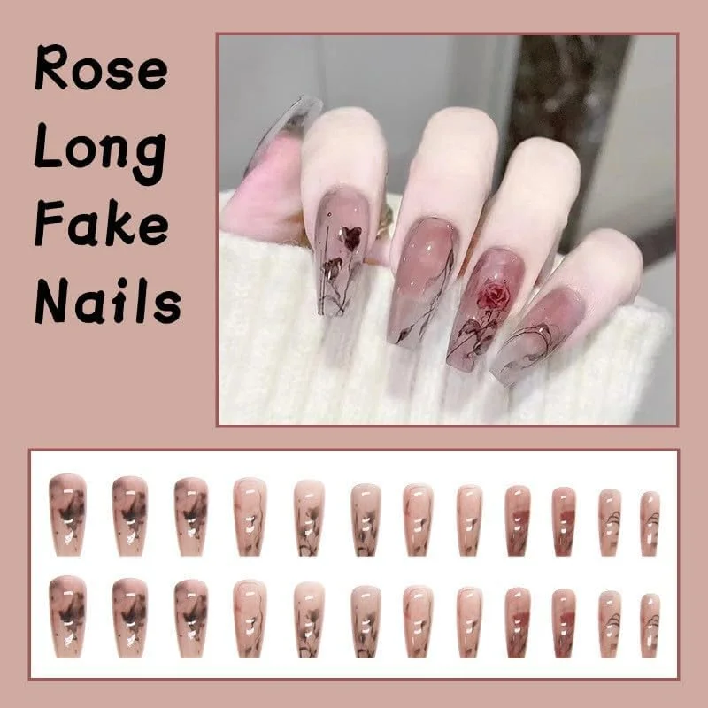 ناخن مصنوعی چسبی با طرح گل رز برای خانم ها، ناخن های بلند برای استفاده روزمره و مهمانی، 24 عدد چسب ژله ای ناخن مصنوعی برای زنان/دختران