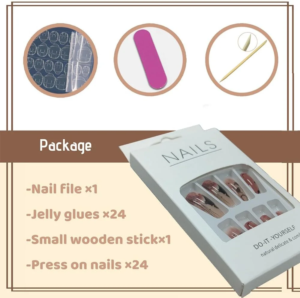 ناخن مصنوعی چسبی با طرح گل رز برای خانم ها، ناخن های بلند برای استفاده روزمره و مهمانی، 24 عدد چسب ژله ای ناخن مصنوعی برای زنان/دختران