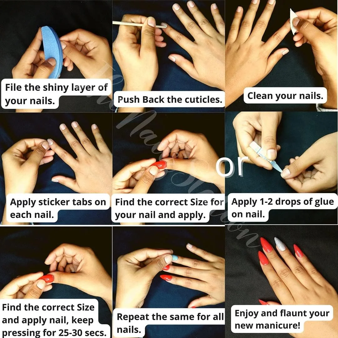 ناخن مصنوعی چسبی طرح دار (۱۲ عدد) به همراه چسب و وسایل مانیکور برای بانوان (بژ ساده)