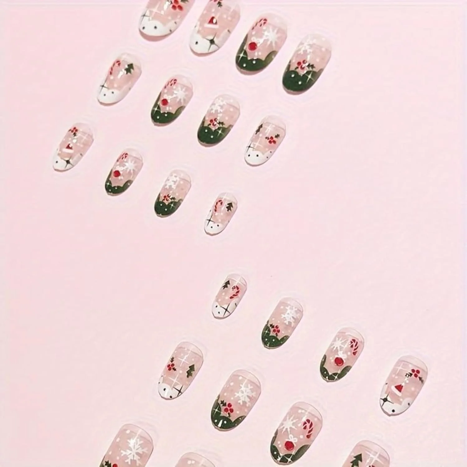 ۲۴ عدد ناخن مصنوعی بادامی کوتاه با طرح های دانه برف و درخت کریسمس، نوک فرانسوی پوشش کامل