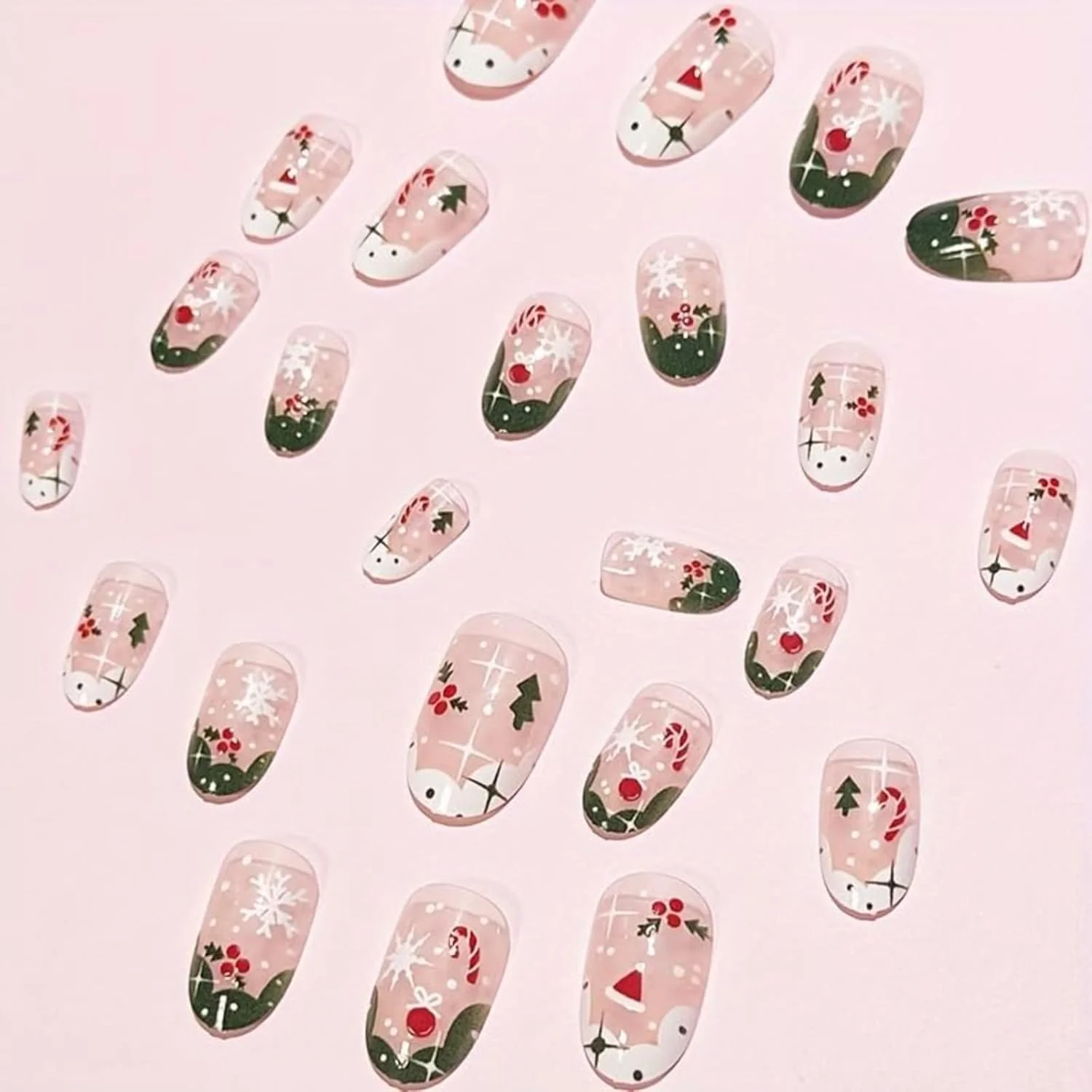 ۲۴ عدد ناخن مصنوعی بادامی کوتاه با طرح های دانه برف و درخت کریسمس، نوک فرانسوی پوشش کامل