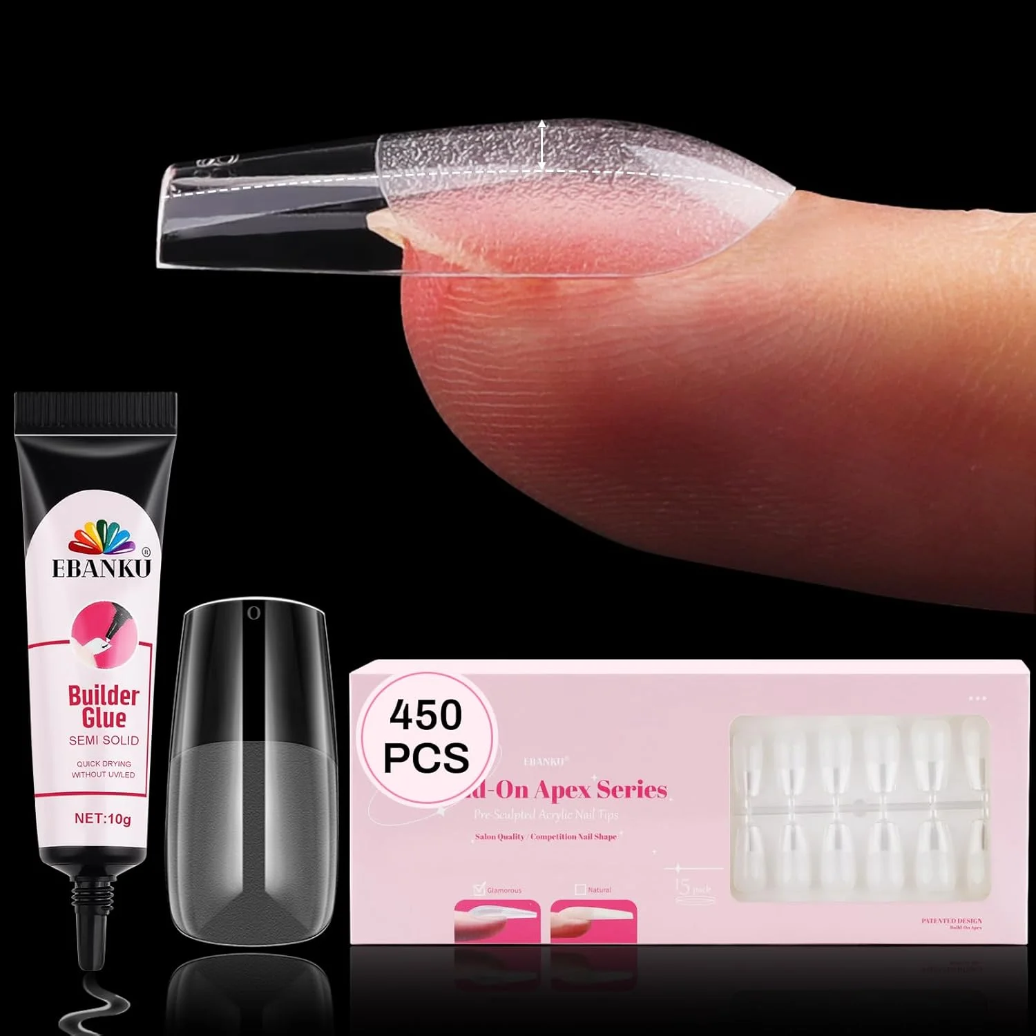 تیپ ناخن مربعی متوسط EBANKU، 450 عدد، ناخن مصنوعی از پیش فرم داده شده، تیپ ناخن ژلی شفاف، مناسب برای کاشت ناخن، مناسب برای DIY با چسب خشک‌شونده سریع