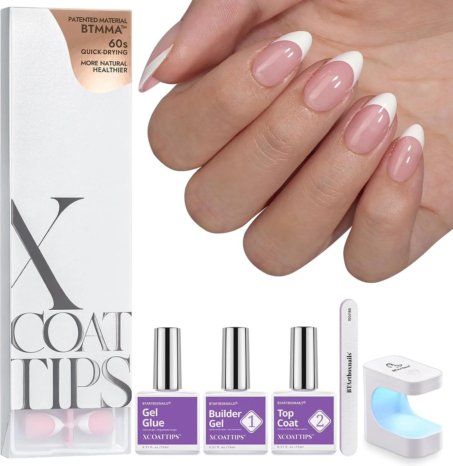 ناخن مصنوعی فرنچ XCOATTIPS btartboxnails - ناخن بادامی کوتاه با ژل ناخن، محافظ فرنچ دوتایی، دستگاه UV ناخن، همه در یک ژل نرم فرنچ، مناسب هدیه روز مادر