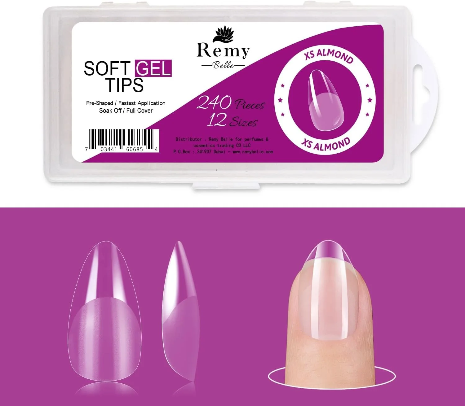 نکات ناخن ژلی نرم Remy Belle XS مدل بادامی، 240 عدد در 12 سایز مختلف، مناسب برای کاشت ناخن، نوک ژله ای شفاف، ناخن مصنوعی PMMA از پیش سوهان زده شده، مدل بادامی خیلی کوتاه (XS Almond)