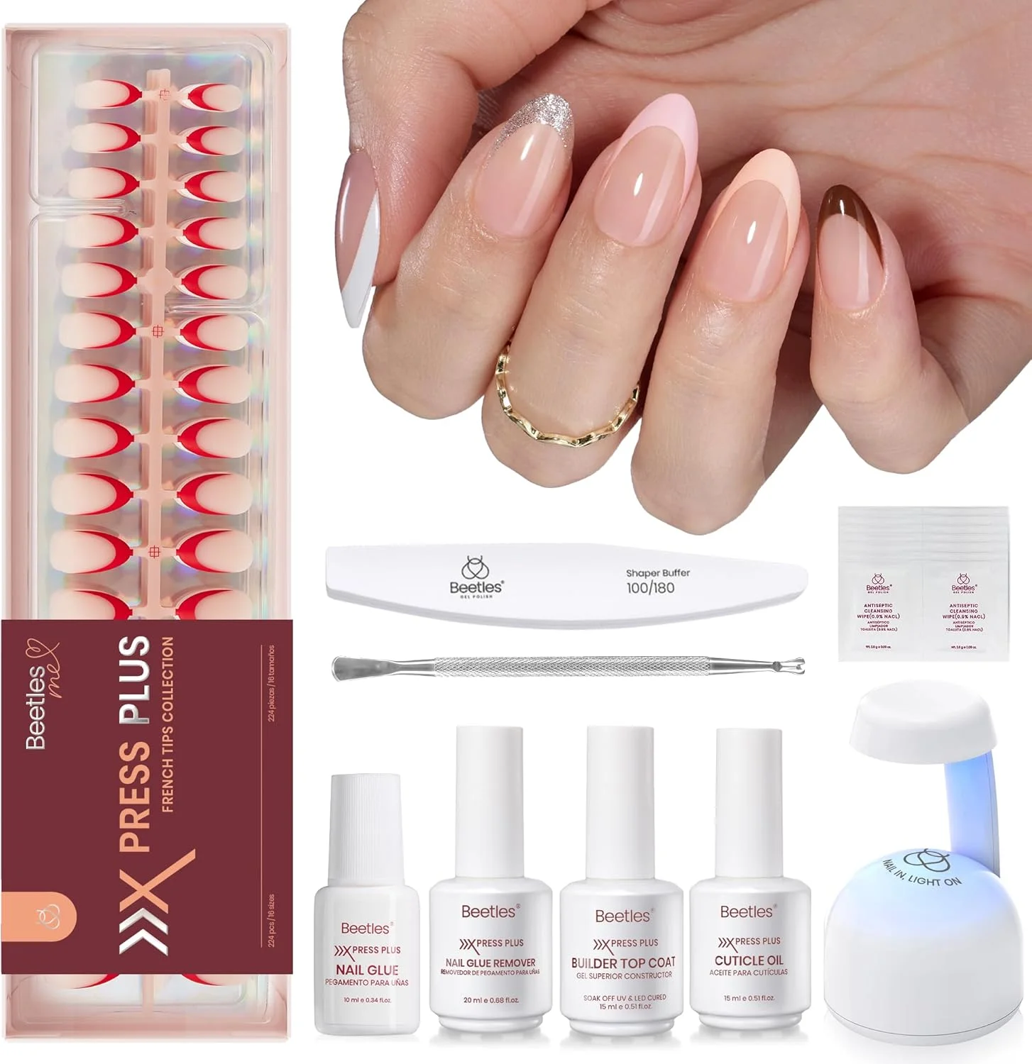 ست ناخن ژلی Beetles X Press: شامل ۷ رنگ، ناخن مصنوعی بادامی کوتاه با نوک فرانسوی، همراه با ۲۲۴ عدد تیپ ناخن، چسب ناخن، تاپ کت بیلدر و مینی چراغ UV، یک هدیه کامل برای طراحی ناخن در خانه