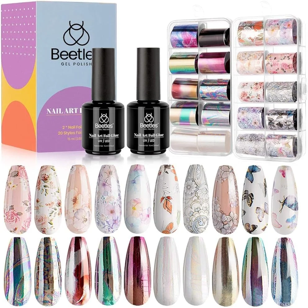 چسب فویل ناخن Beetles، دو عدد بطری 15 میلی لیتری به همراه 20 عدد استیکر فویل فلزی طرح گل و پروانه، چسب انتقال ناخن، طراحی ناخن، مناسب استفاده شخصی، نیاز به لامپ LED