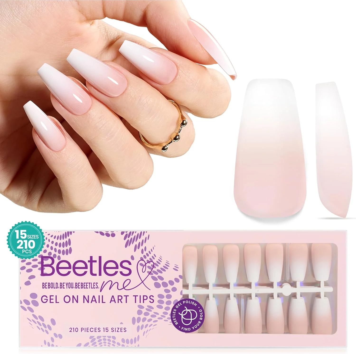 تیپ ناخن ژلی فرنچ از Beetles، ۱۵ سایز، ۱۵۰ عدد، صورتی کالباسی متوسط بادامی، همراه با پرایمر و بیس کت از پیش اعمال شده