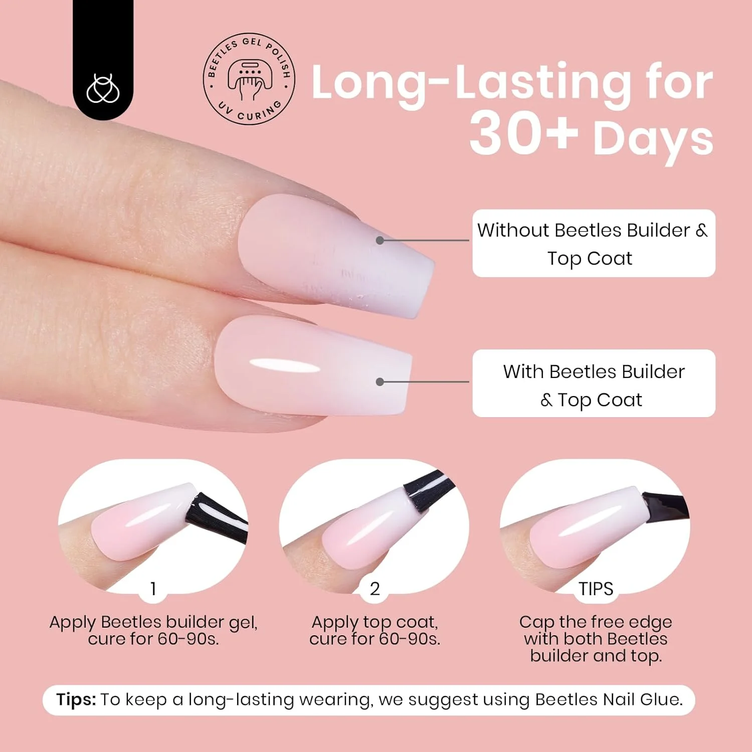 تیپ ناخن ژلی فرنچ از Beetles، ۱۵ سایز، ۱۵۰ عدد، صورتی کالباسی متوسط بادامی، همراه با پرایمر و بیس کت از پیش اعمال شده