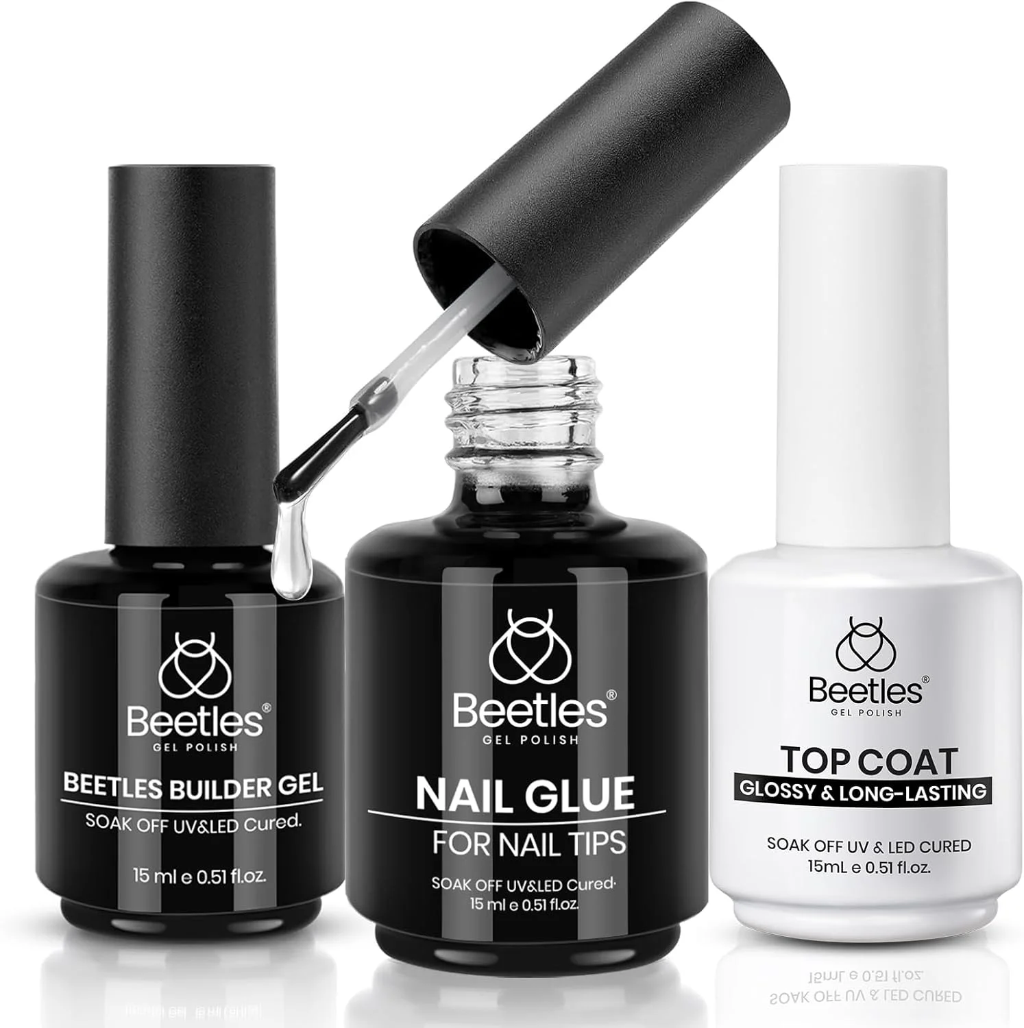 ست چسب کاشت ناخن ژلی Beetles، چسب کاشت ناخن 15 میلی لیتری و لاک ژل تاپ کت براق کننده فوق العاده، ست 3 عددی UV Soak Off برای درخشش طولانی مدت، طراحی ناخن و مانیکور در خانه، هدیه برای خانم ها