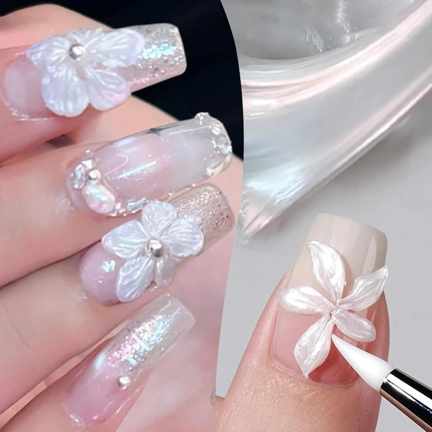 ژل سه بعدی ناخن، ژل مجسمه سازی سه بعدی مرواریدی برای طراحی ناخن، چسب صاف برای تزئین مانیکور، مناسب برای طراحی گل و مدل سازی و اکستنشن ناخن