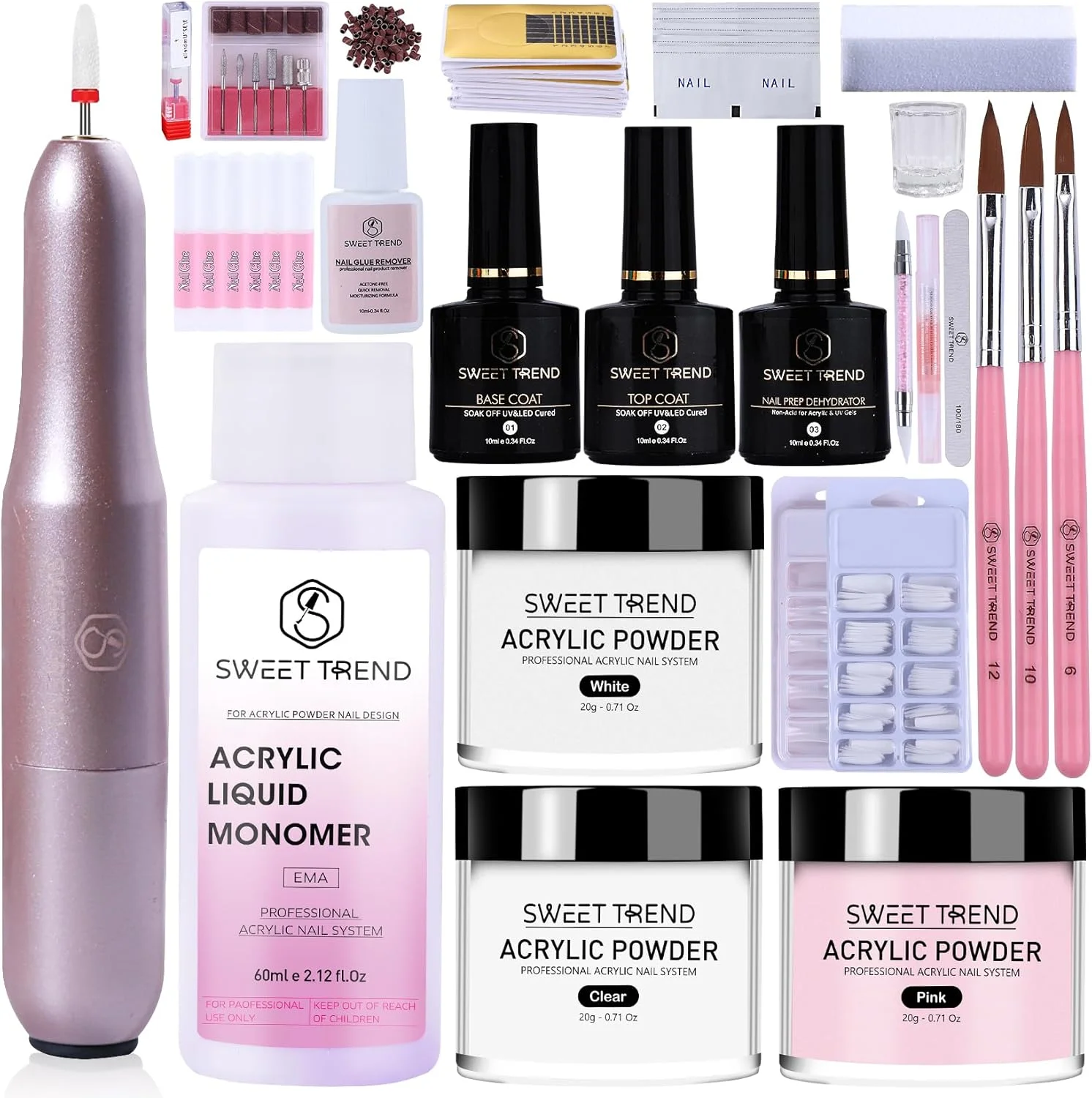 ست کاشت ناخن اکریلیک با دریل: پودر اکریلیک 20 گرمی شفاف، سفید و صورتی و مایع مخصوص مبتدیان - برس های حرفه ای، تیپ ناخن و لوازم جانبی ناخن - ابزار کامل برای شروع کار اکستنشن ناخن برای خانم ها، استفاده در منزل و سالن