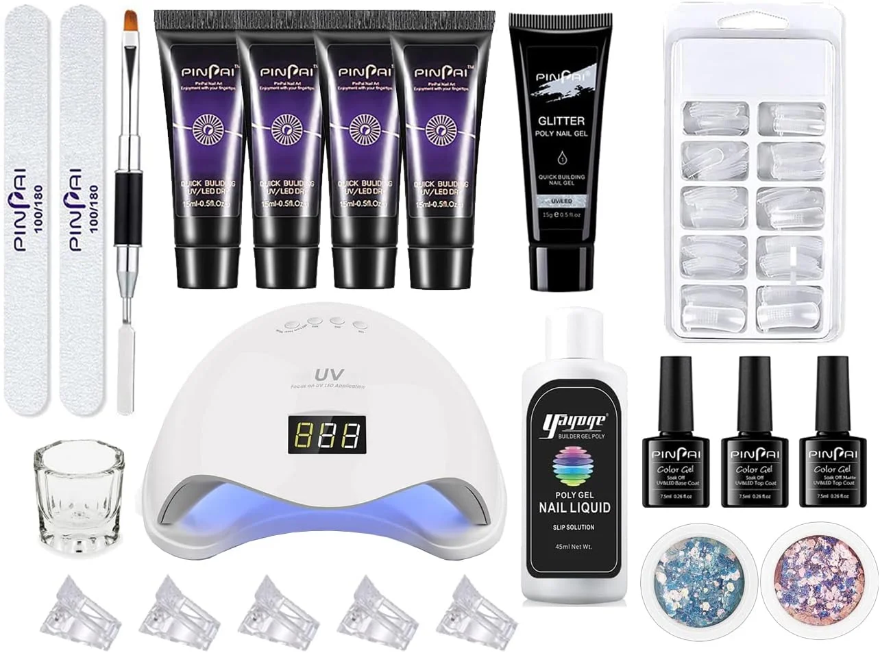 کیت ژل پولی برای کاشت ناخن حرفه ای به همراه تاپ کت، بیس کت و دستگاه UV