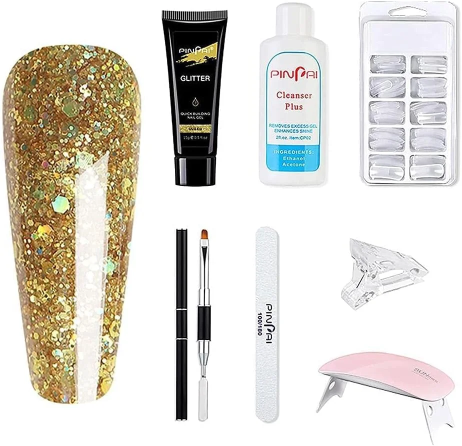 ست لاک ژل با لامپ UV، ست اکستنشن ناخن ژلی لاک ناخن اکلیلی برای ست مبتدی مانیکور ناخن، چسب ناخن، برس ناخن، سوهان ناخن، گیره ناخن، پوشش ناخن، لامپ UV ناخن، مایع صاف کننده ناخن