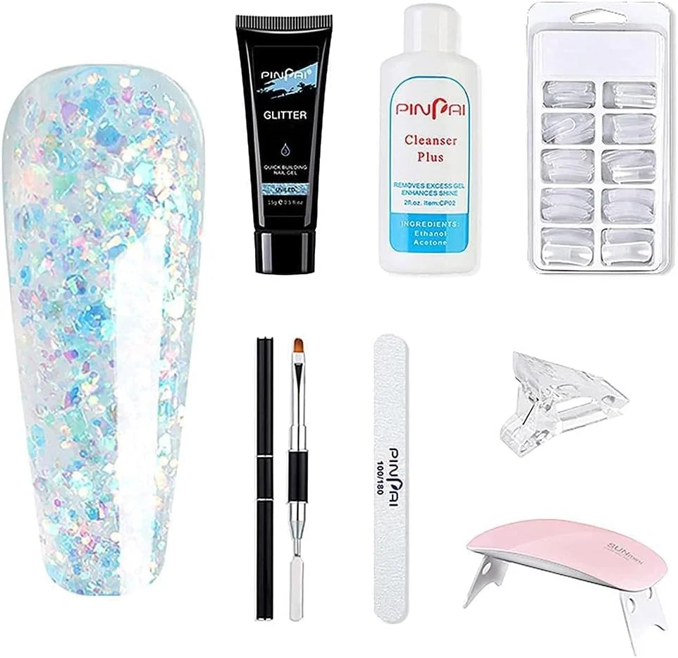 ست لاک ژل با دستگاه یو وی، ست اکستنشن ناخن ژلی براق برای شروع مانیکور، چسب ناخن، برس ناخن، سوهان ناخن، گیره ناخن، پوشش ناخن، دستگاه یو وی ناخن، مایع صاف کننده ناخن