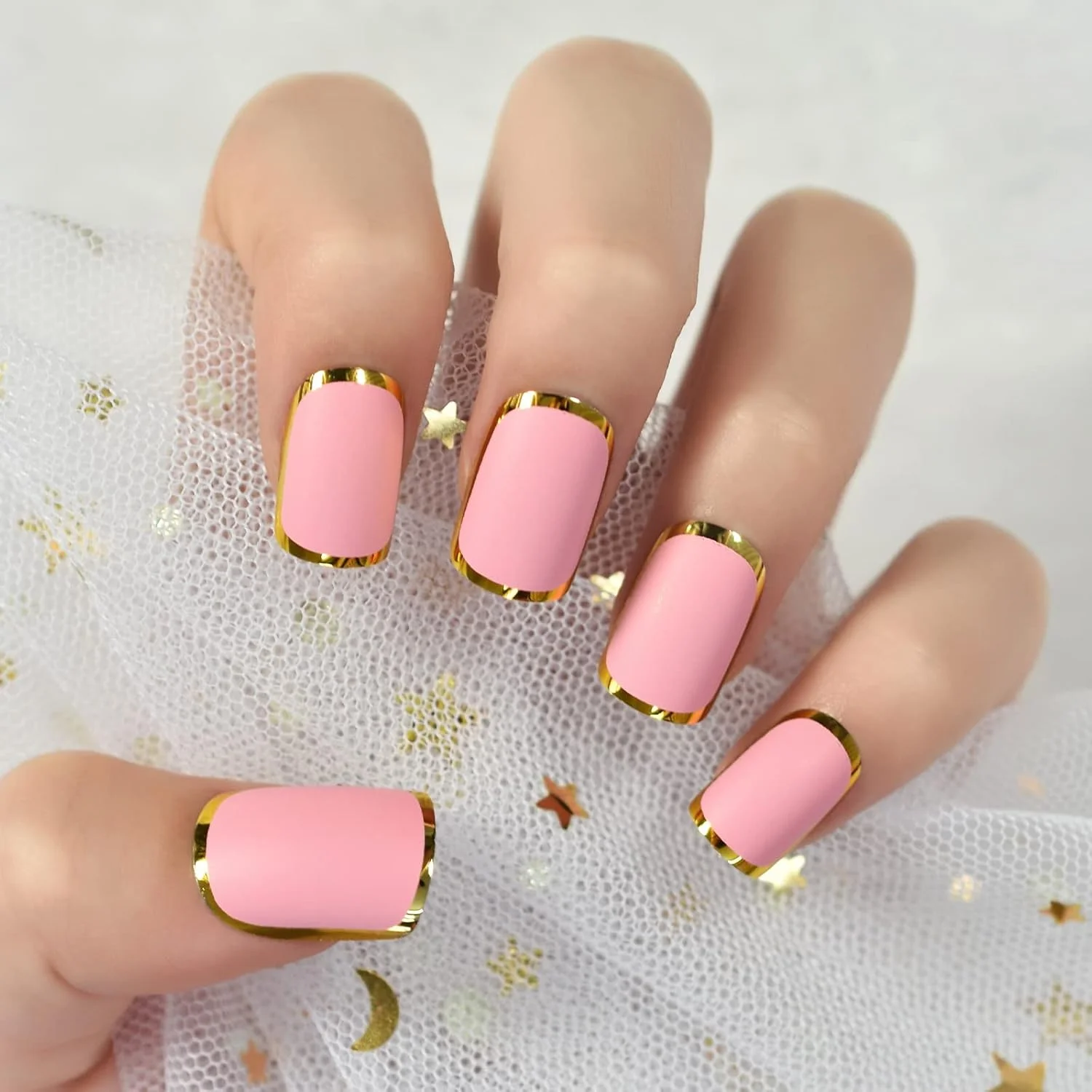 ناخن مصنوعی شیک اسکووال - نوک ناخن اکریلیک طبیعی پوشش کامل - 24 عدد در 12 سایز، مناسب سالن، نوک اکستنشن ناخن فوری DIY، صورتی مات با دور متالیک ناخن مصنوعی شیک اسکووال - نوک ناخن اکریلیک طبیعی پوشش کامل - 24 عدد در 12 سایز، مناسب سالن، نوک اکستنشن ناخن فوری DIY، صورتی مات با دور متالیک