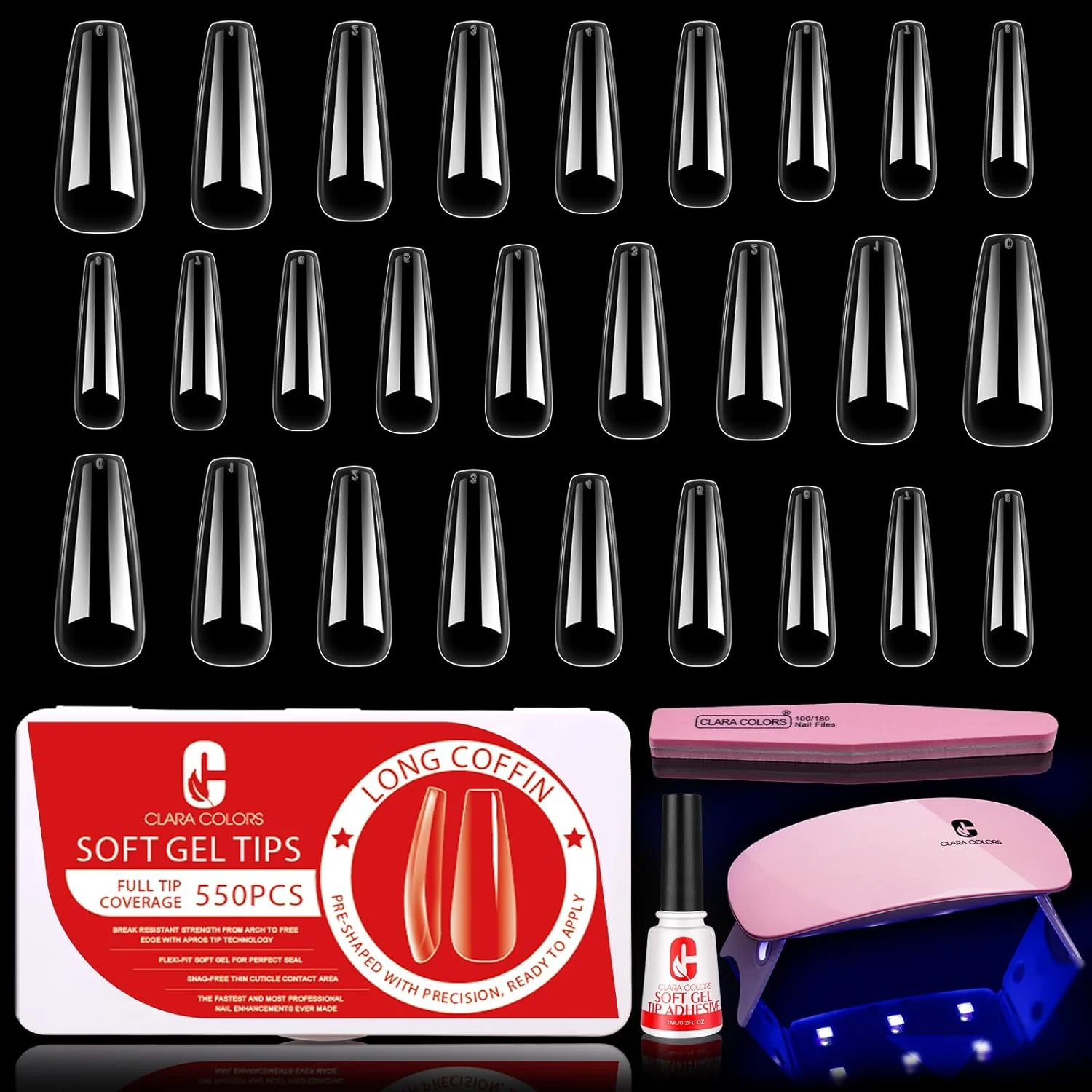 کیت نوک ناخن و چسب ژل کلارا کالرز، 550 عدد ناخن مصنوعی پوشش کامل و کیت چسب ناخن با لامپ LED ناخن، ناخن های مصنوعی بلند تابوتی ژل نرم برای ناخن اکریلیک - 9 سایز